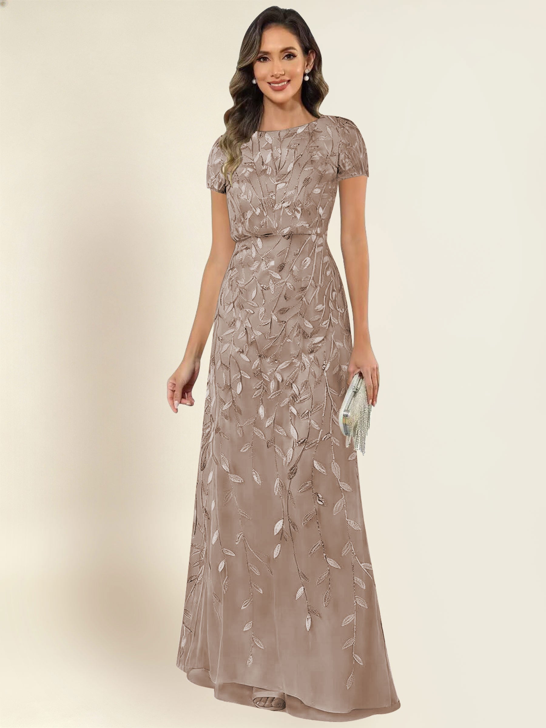 ROVDESY Sequin Mermaid Long Mother Of The Bride Dress With Short Sleeves Formal Gown