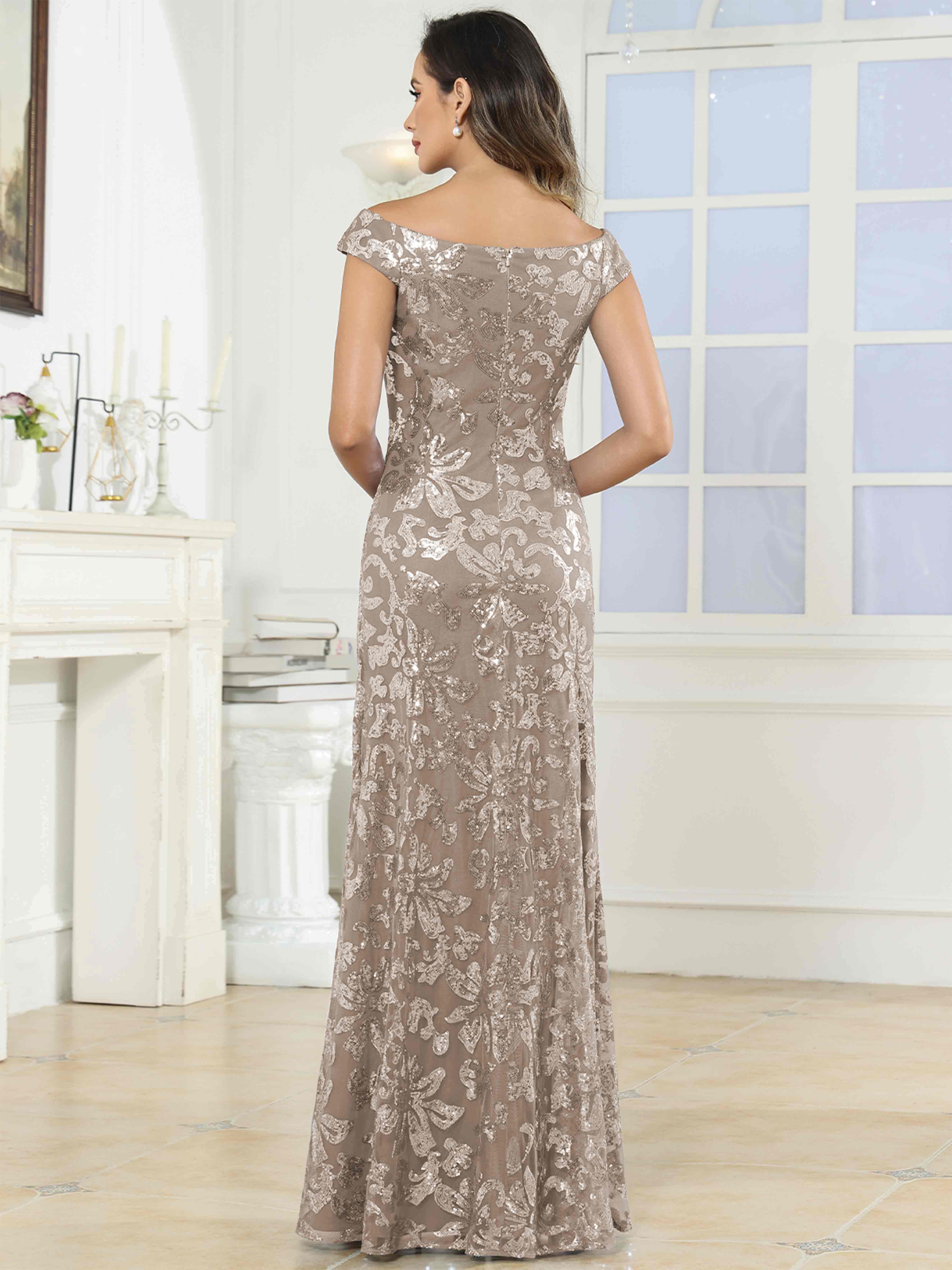 ROVDESY Off-The-Shoulder Mermaid Sequin Mother Of The Bride Dress Formal Gown