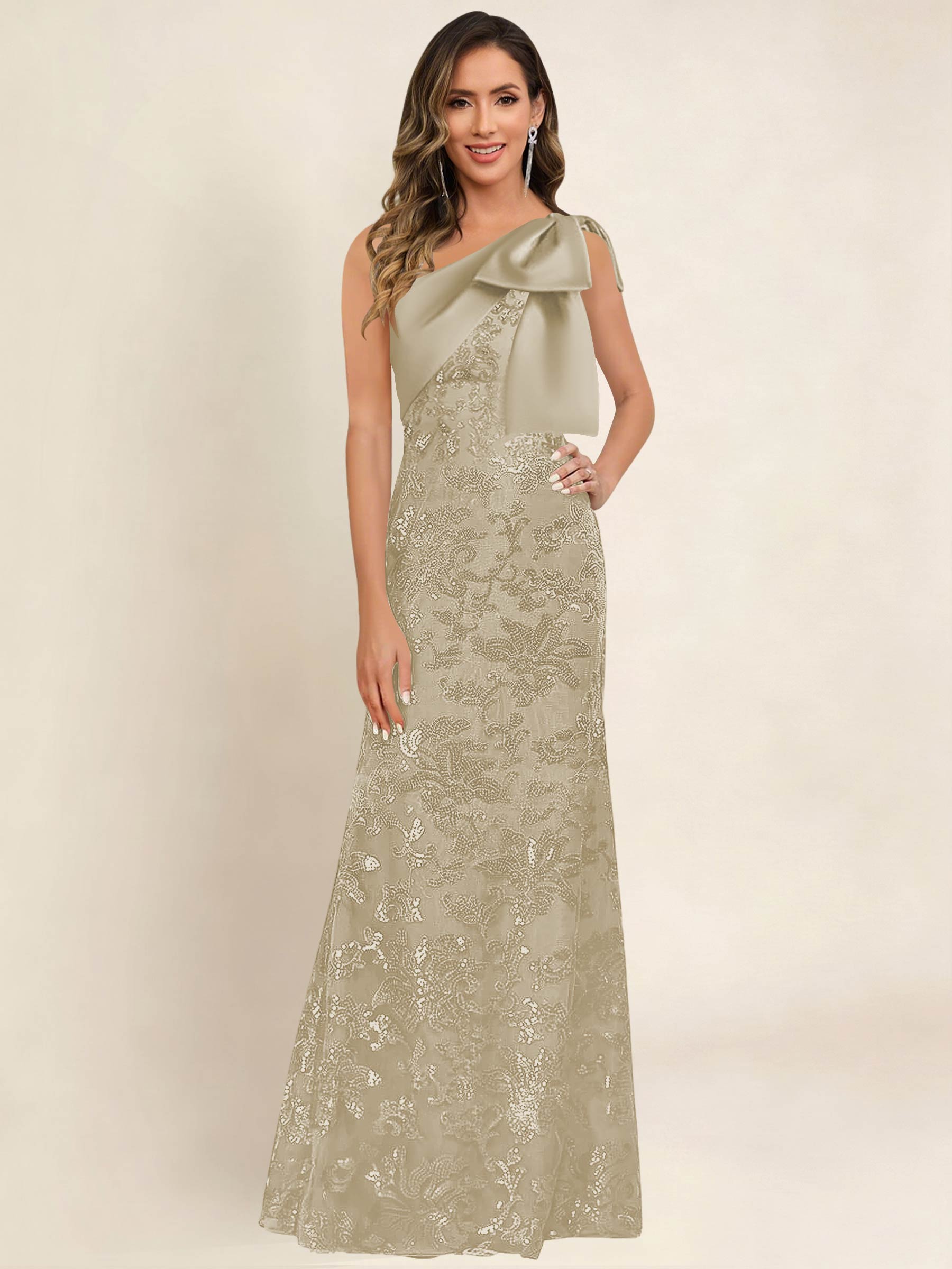 ROVDESY One Shoulder Sequin Mermaid Long Mother Of The Bride Dress Formal Gown With Bow