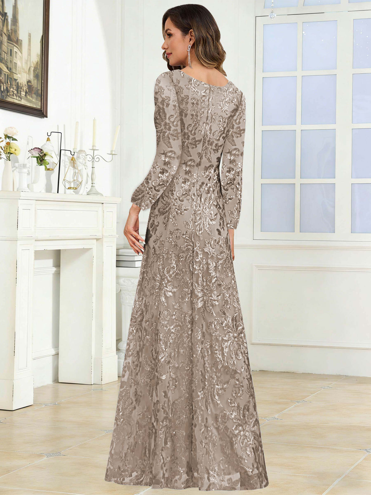 Crew Neck Sequin Lace Long Sleeve Mother of the Bride Dress