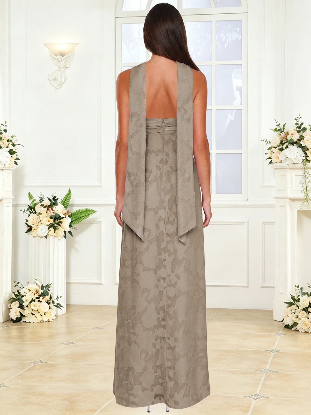 Spaghetti Strap Ruched Floral Jacquard A Line Bridesmaid Dress with Scarf