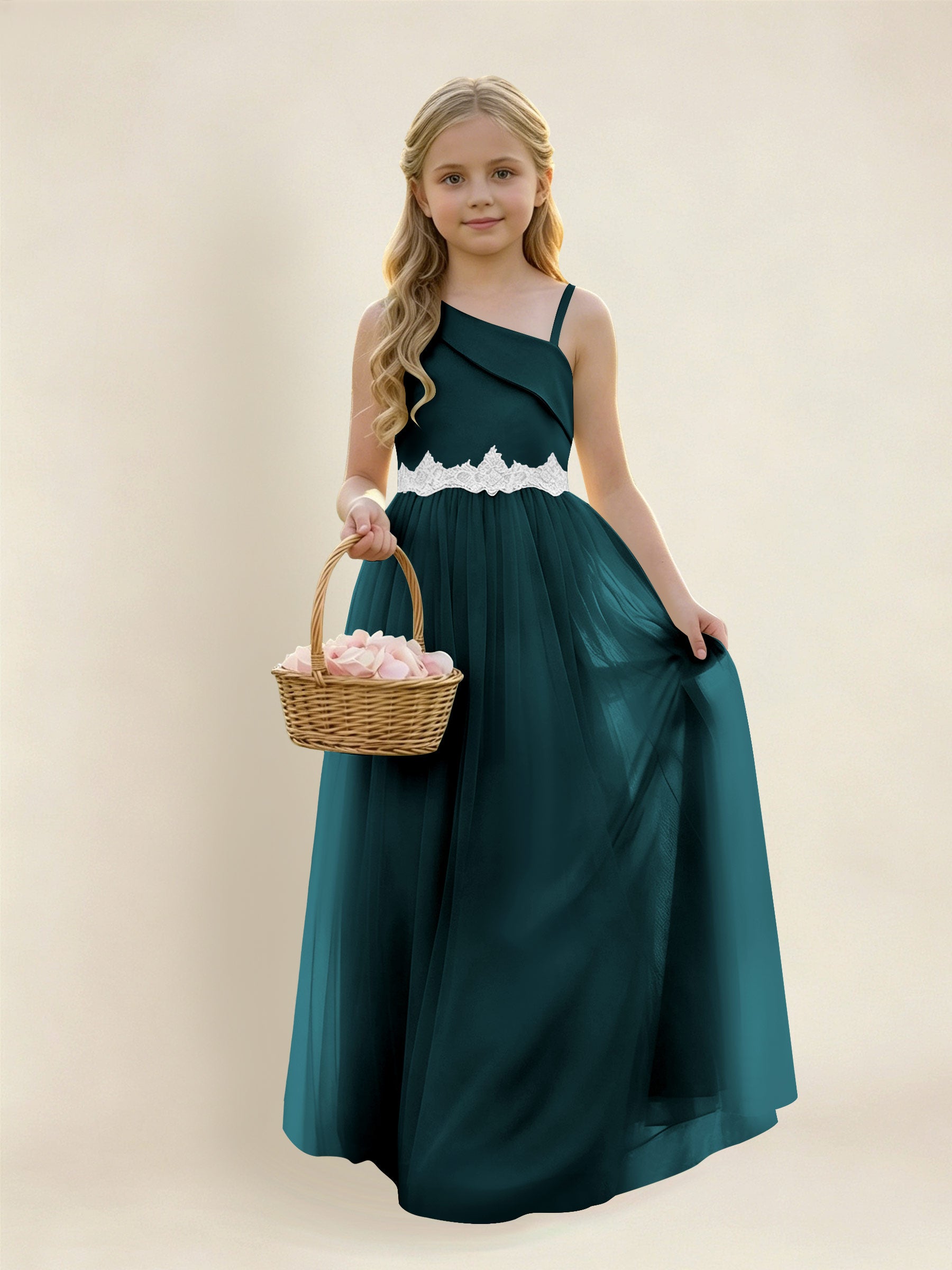 ROVDESY Asymmetric One Shoulder  Satin  Tulle Junior Bridesmaid Dress