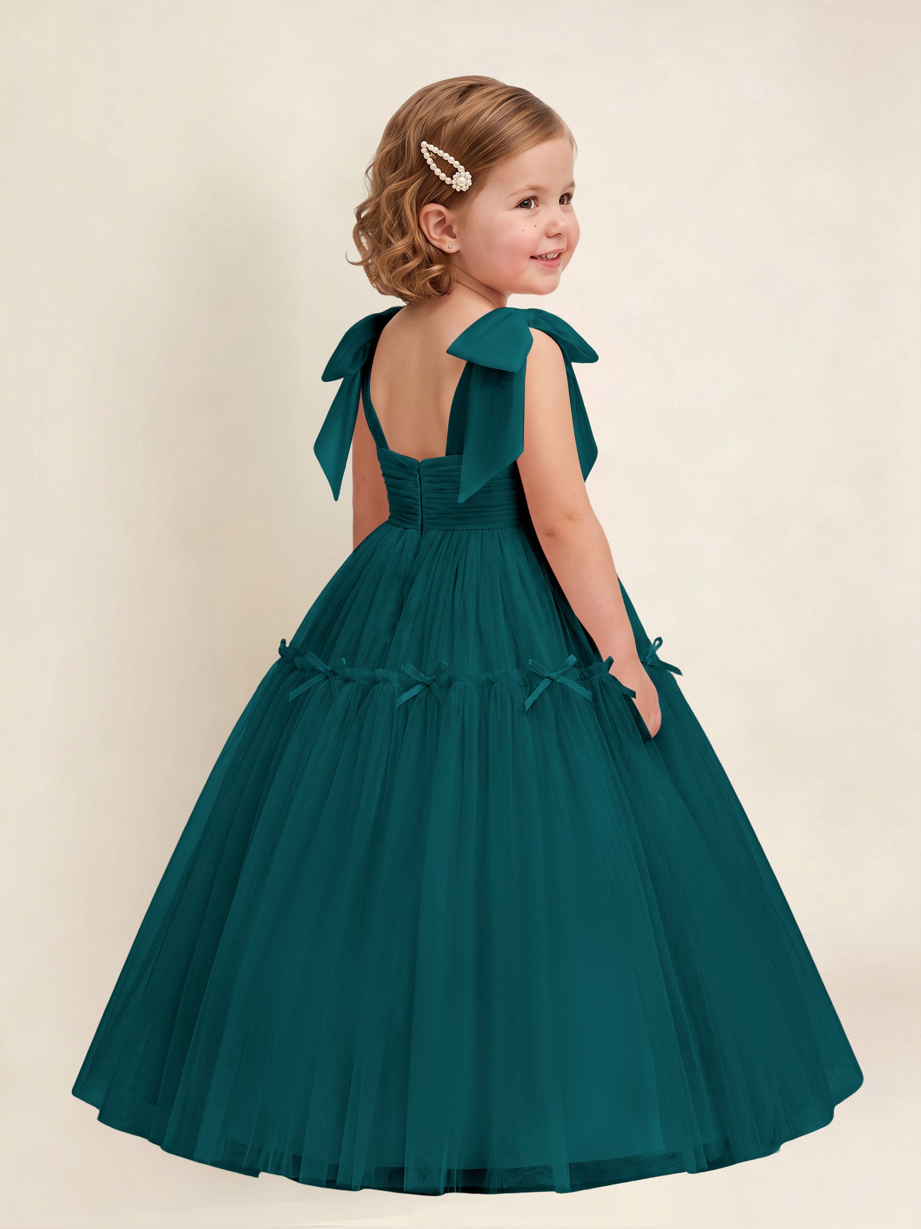 ROVDESY A-Line Tulle Flower Girl Dress With Bow Long Ball Gown Dress