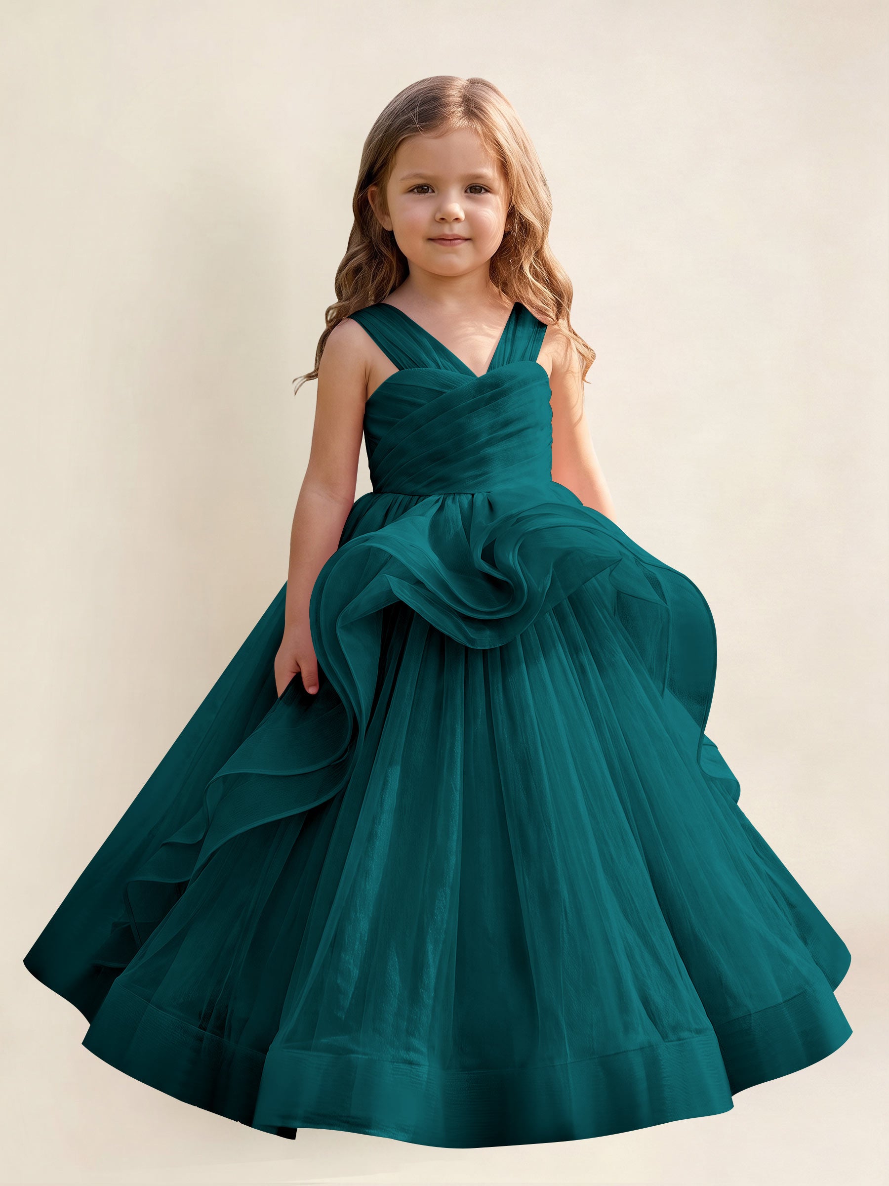 ROVDESY A-Line V-Neck Tulle Flower Girl Dress With Sleeveless Long Ball Gown Dress
