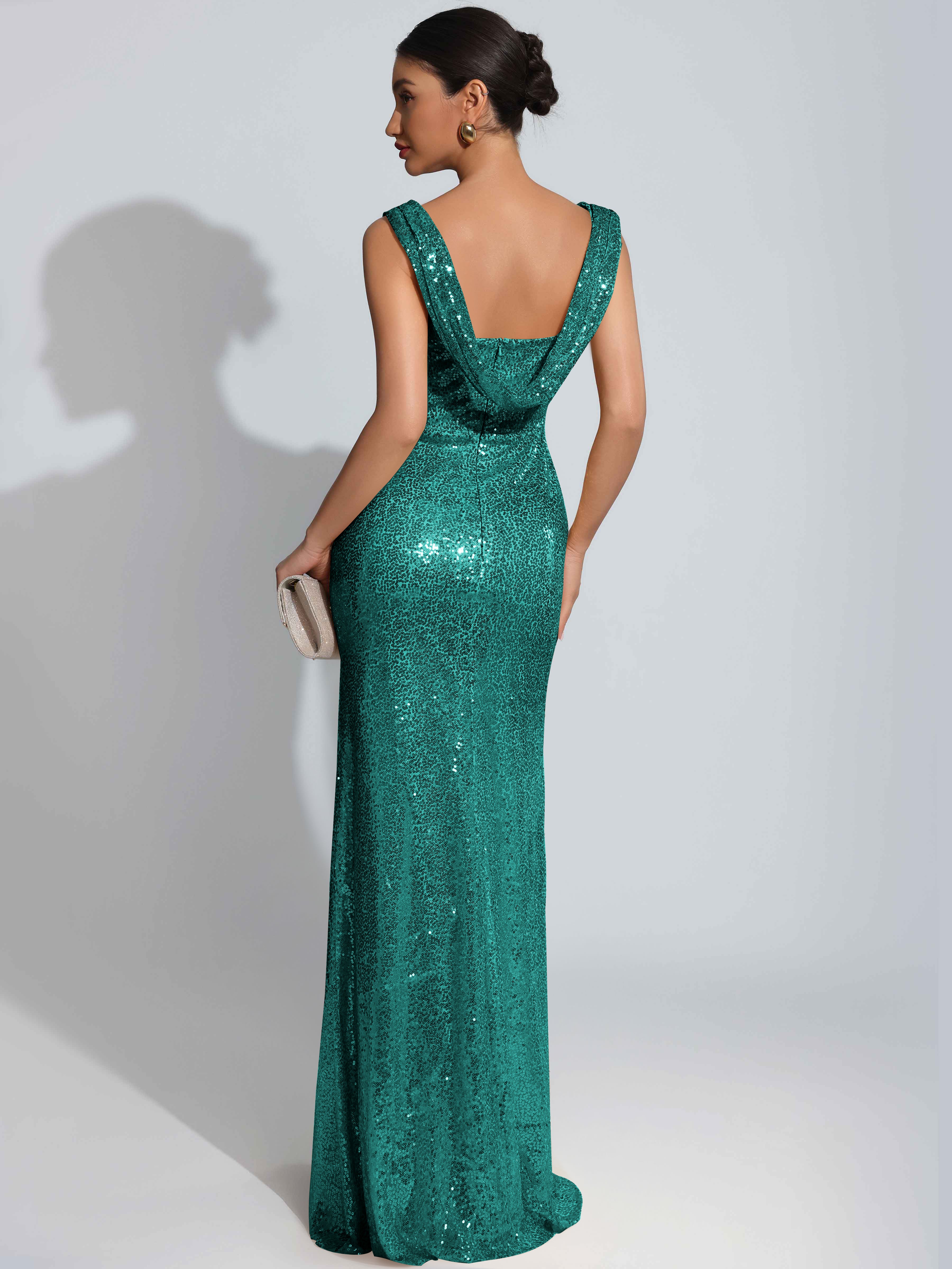 ROVDESY Sparkly Bateau Mermaid Ruched Sequin Long Prom Dress with Slit