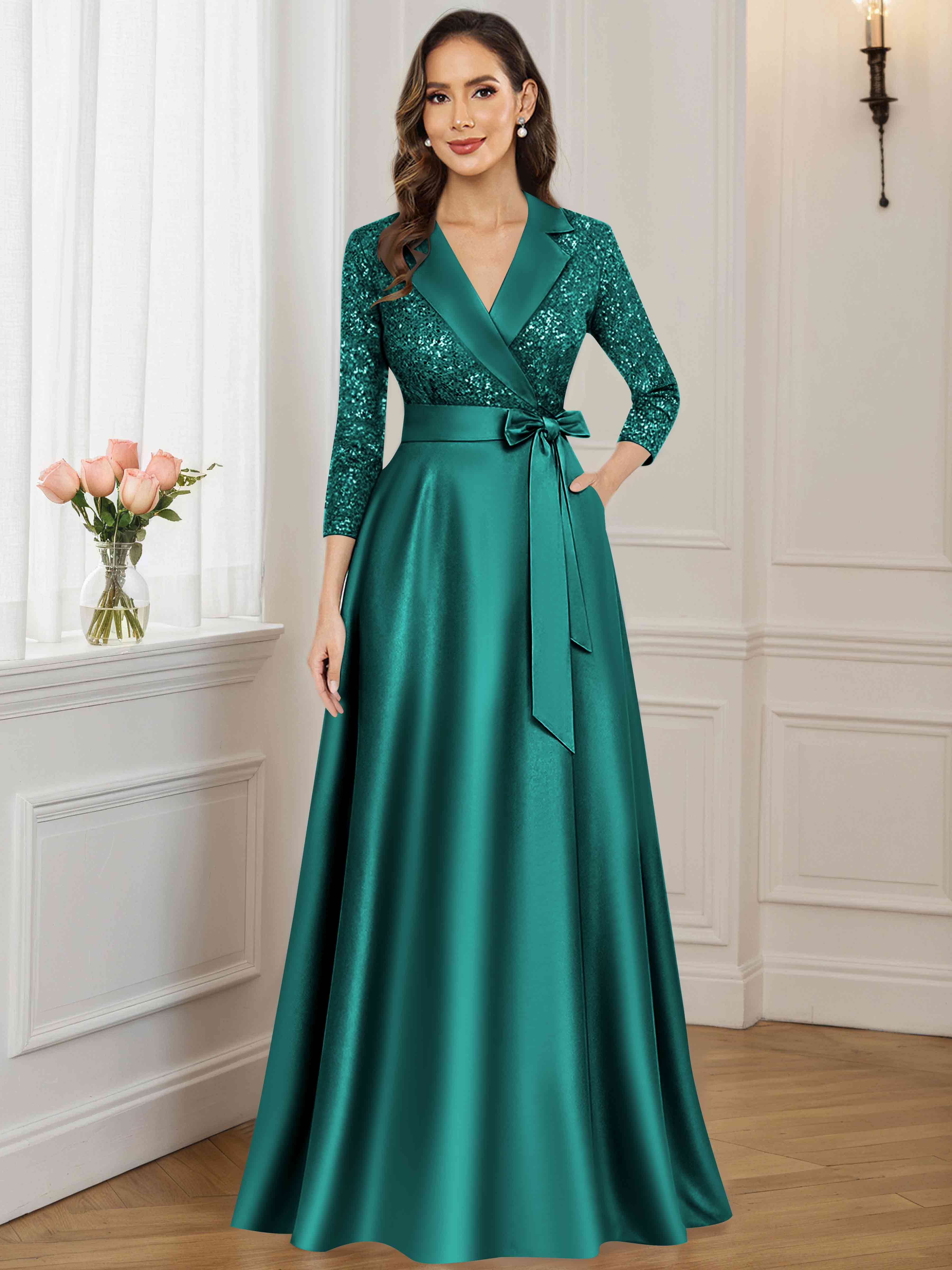 ROVDESY A-Line V Neck Sequin Satin  Long Mother of The Bride Dress Formal Gown With 3/4 Sleeves