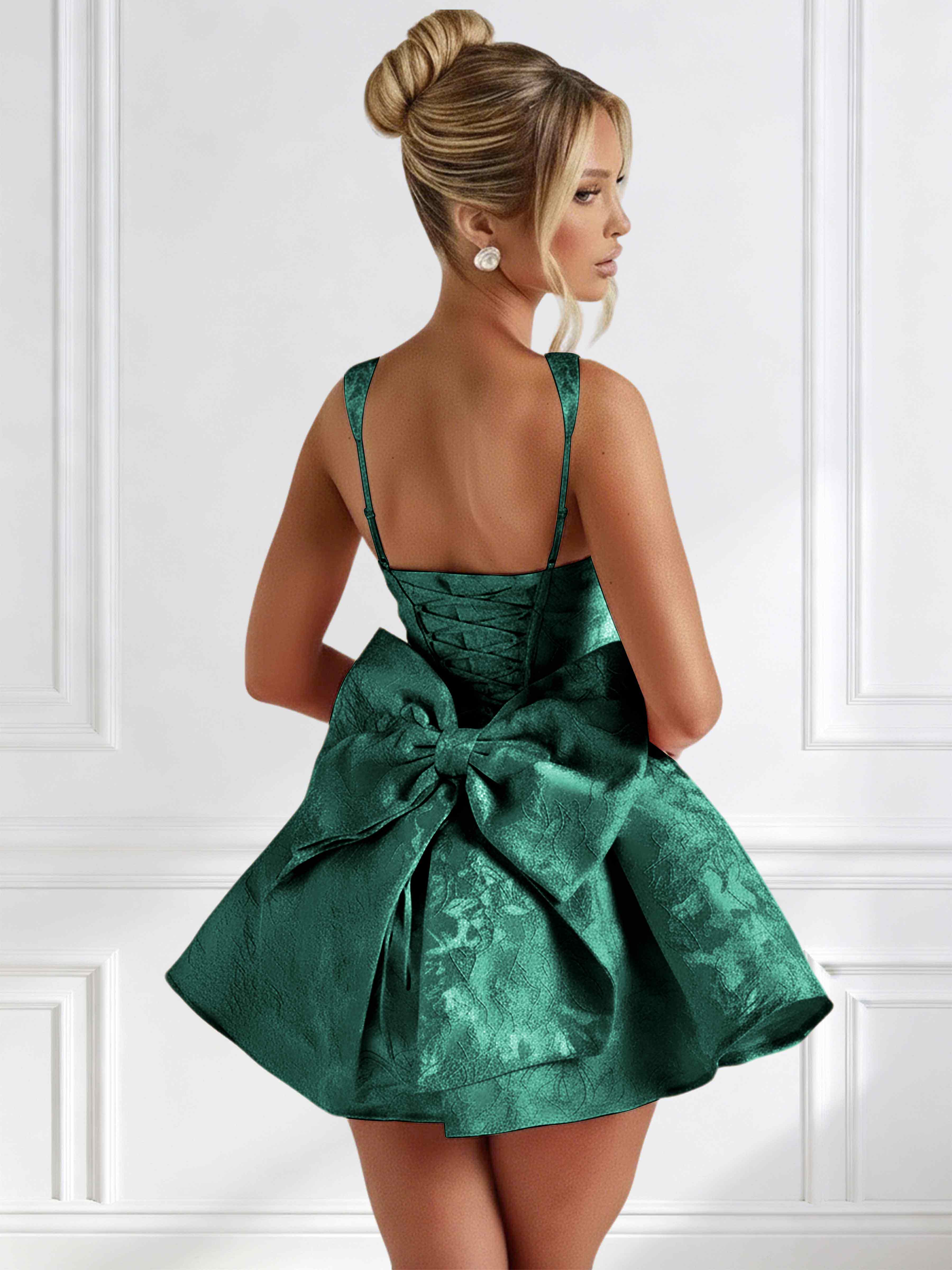 ROVDESY A-Line Square Neck Jacquard Satin Homecoming Mini Dress With Big Bow