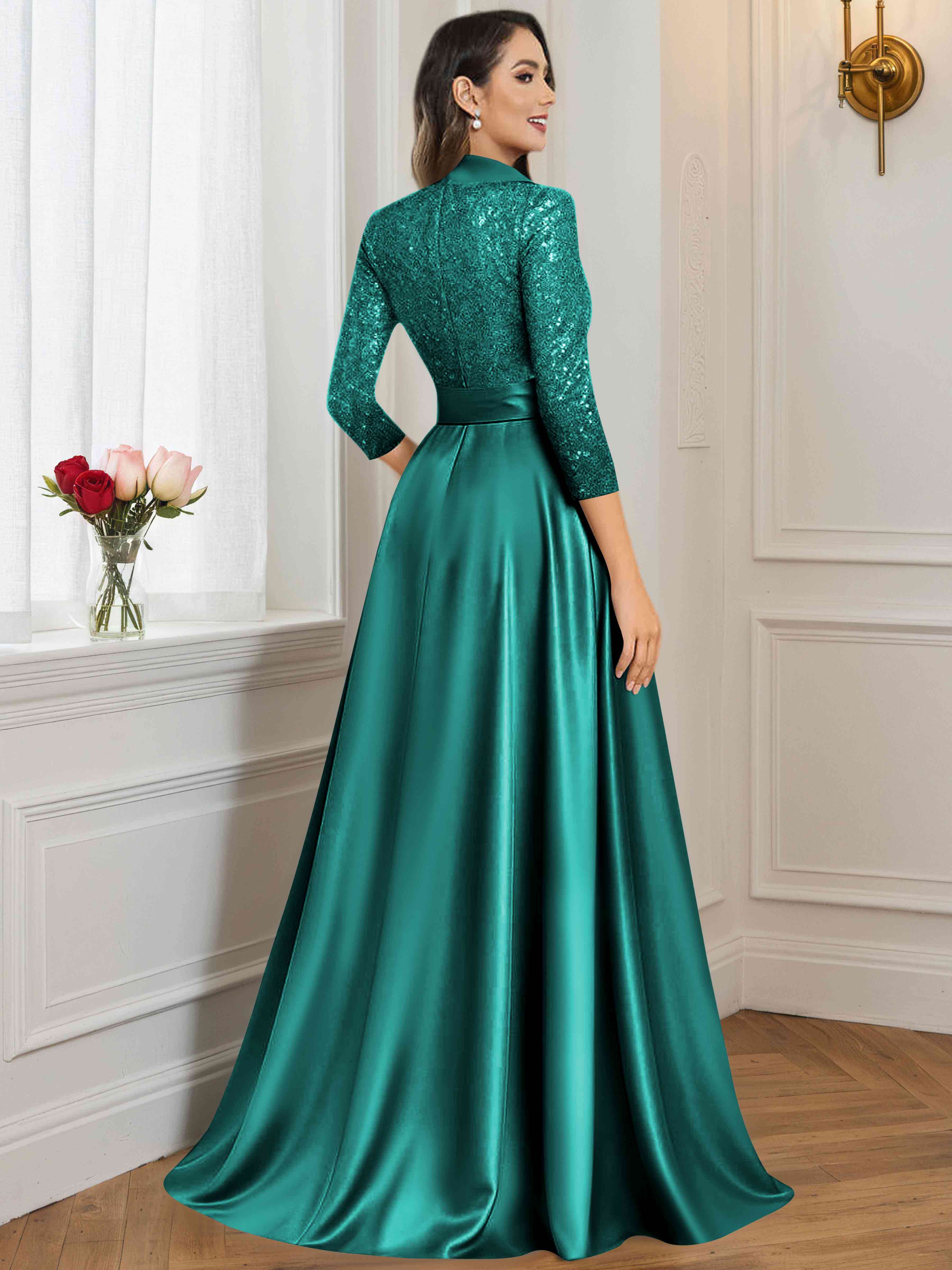 ROVDESY A-Line V Neck Sequin Satin  Long Mother of The Bride Dress Formal Gown With 3/4 Sleeves