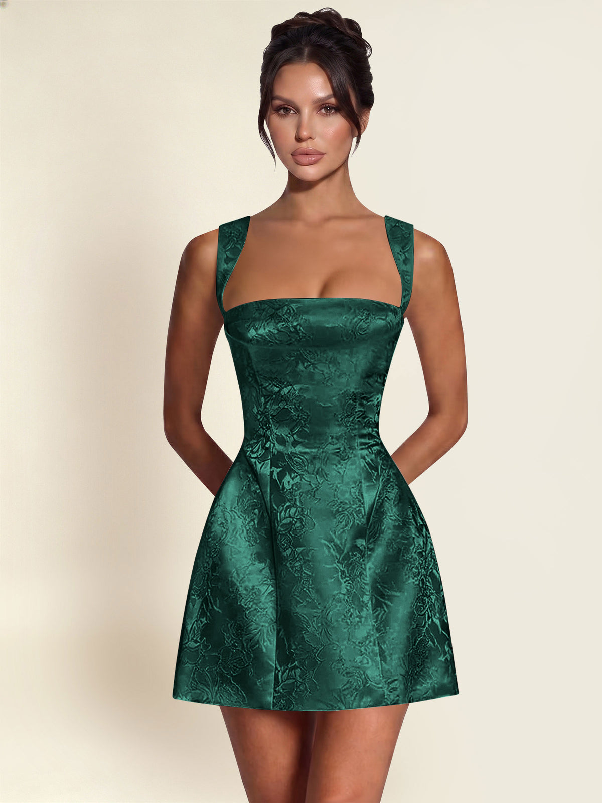 ROVDESY A-Line Square Neck Jacquard Satin Homecoming Mini Dress