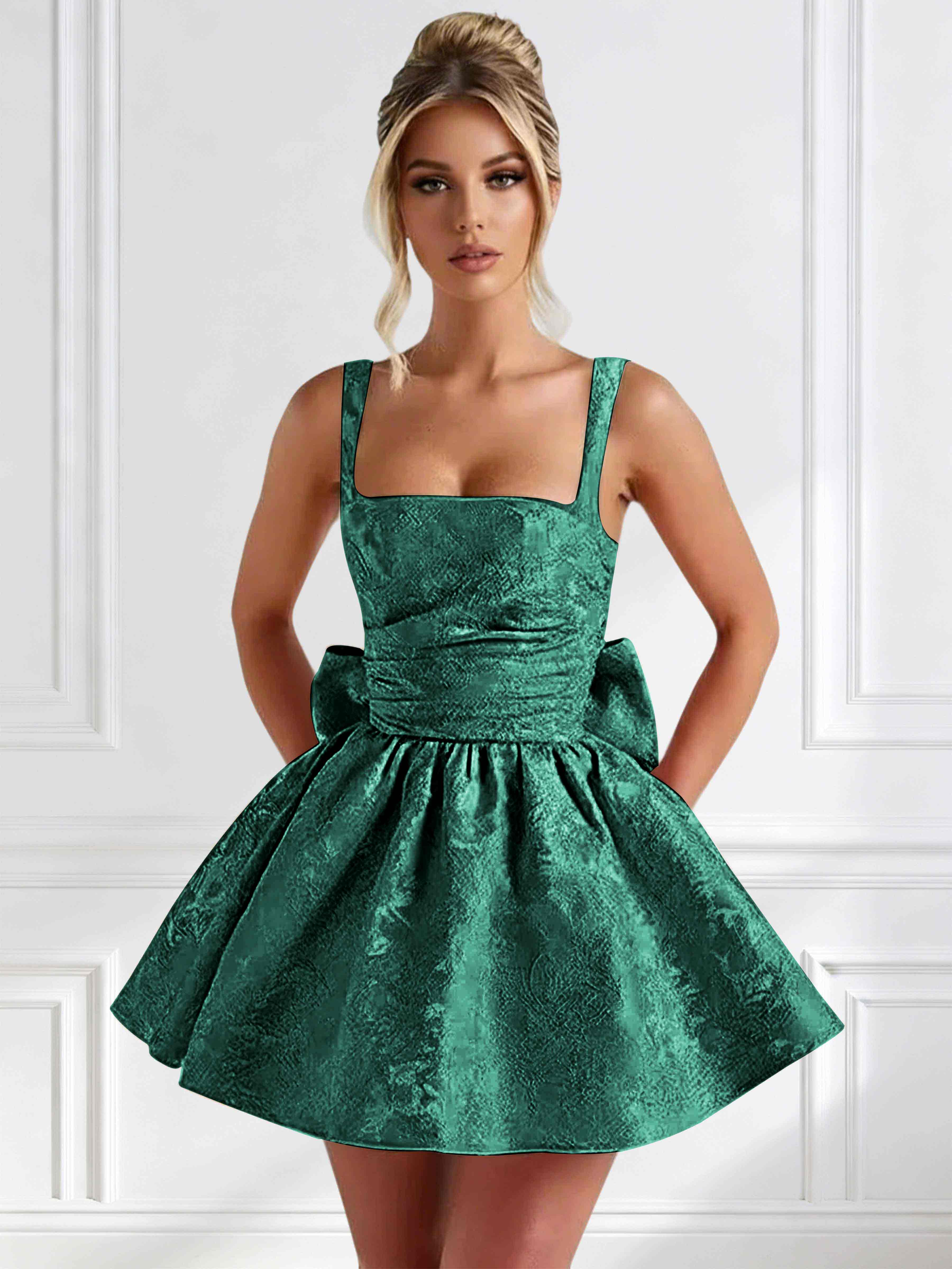 ROVDESY A-Line Square Neck Jacquard Satin Homecoming Mini Dress With Big Bow