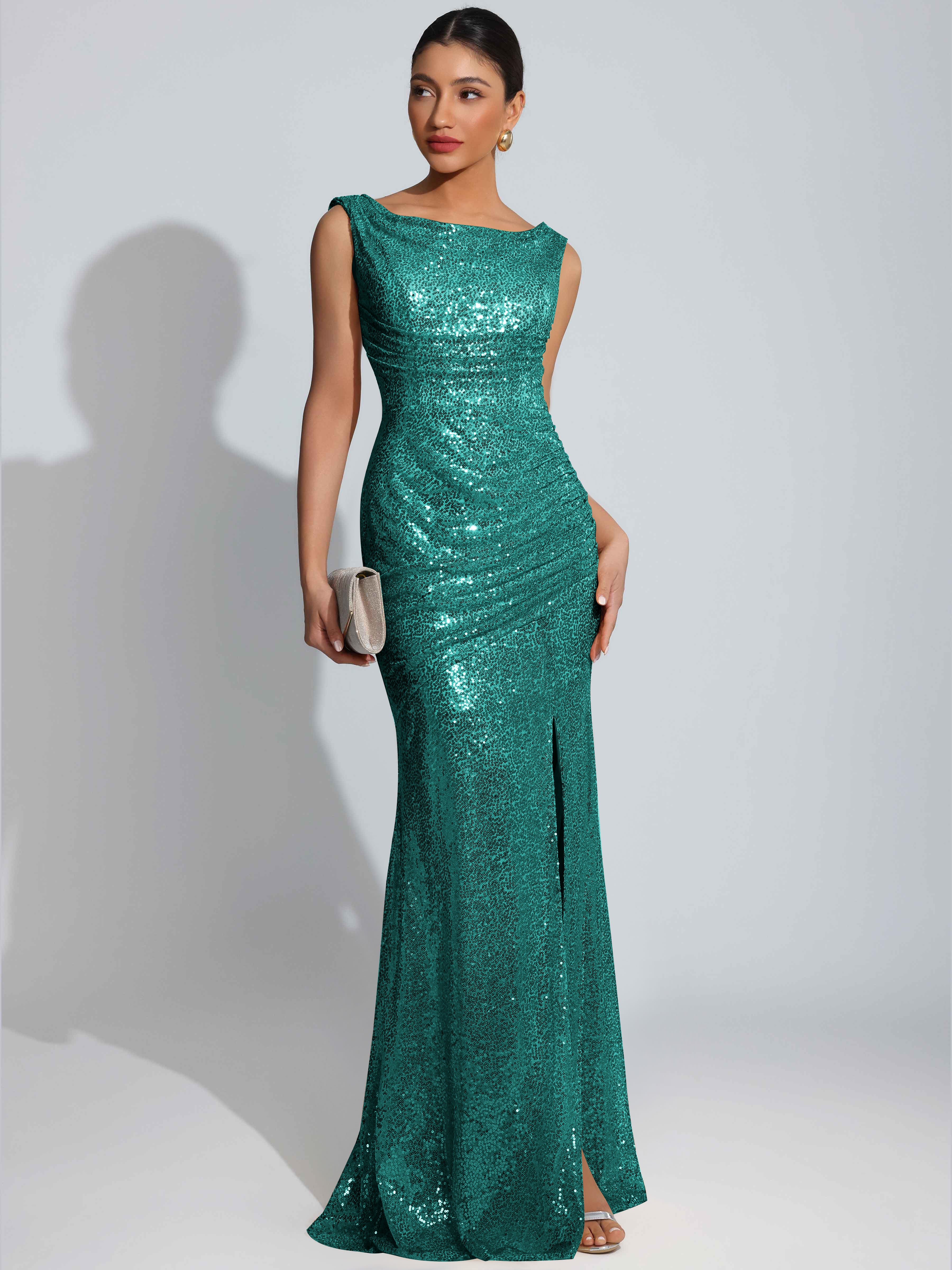 ROVDESY Sparkly Bateau Mermaid Ruched Sequin Long Prom Dress with Slit