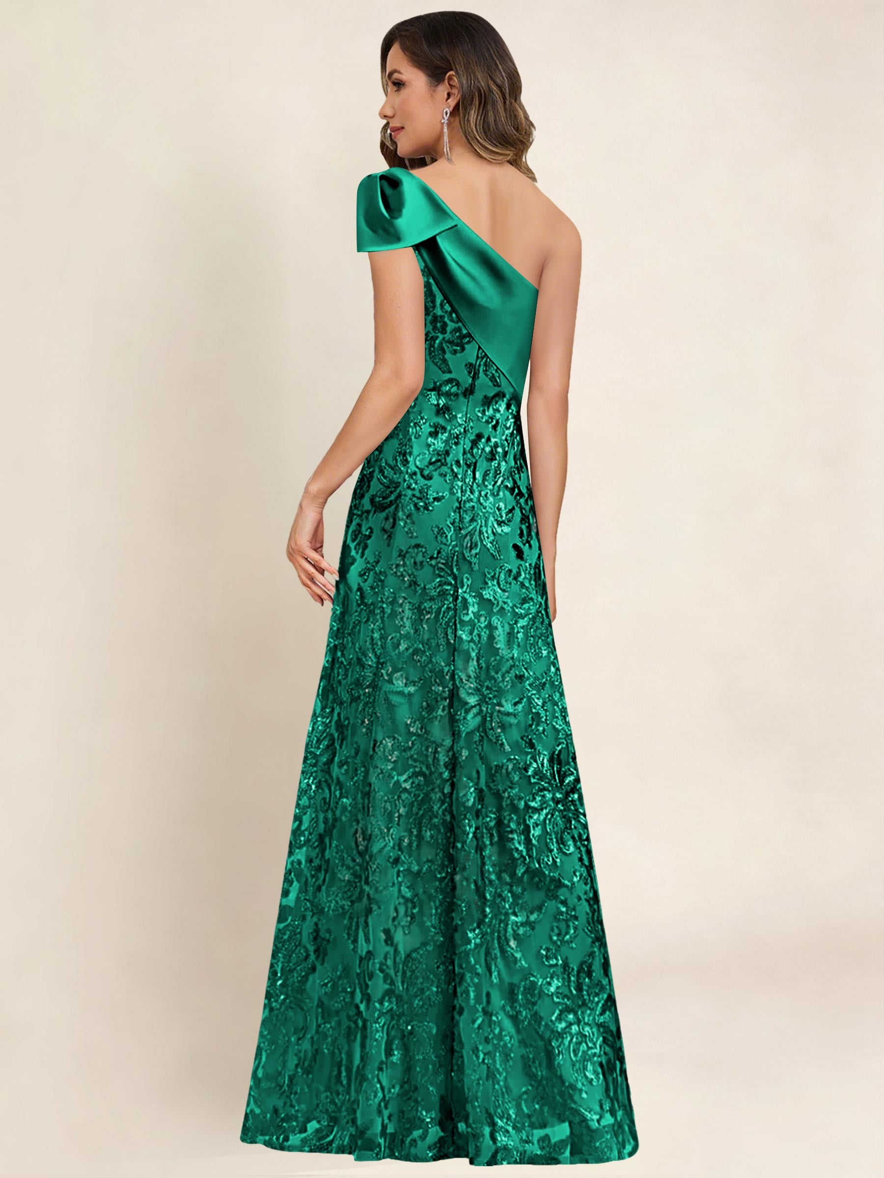 ROVDESY One Shoulder Sequin Mermaid Long Mother Of The Bride Dress Formal Gown With Bow