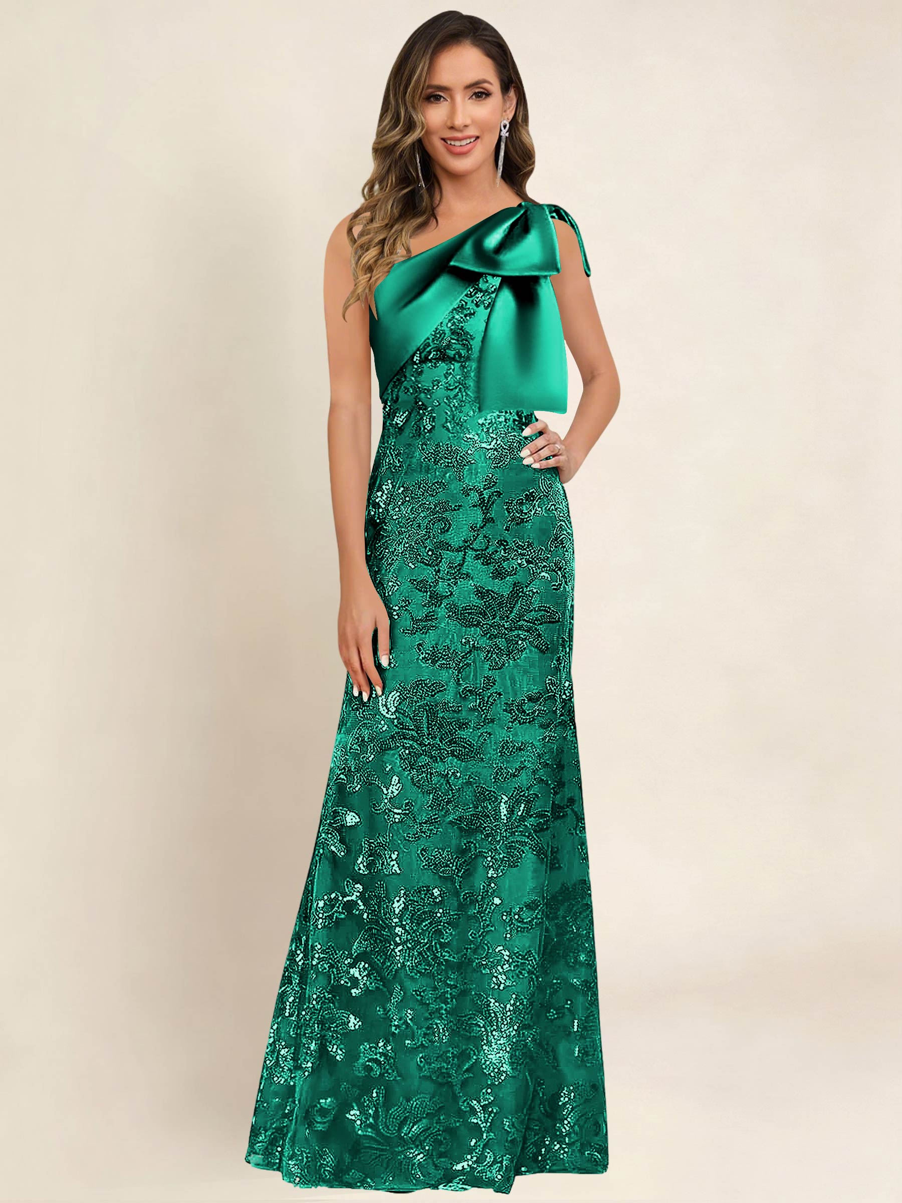 ROVDESY One Shoulder Sequin Mermaid Long Mother Of The Bride Dress Formal Gown With Bow