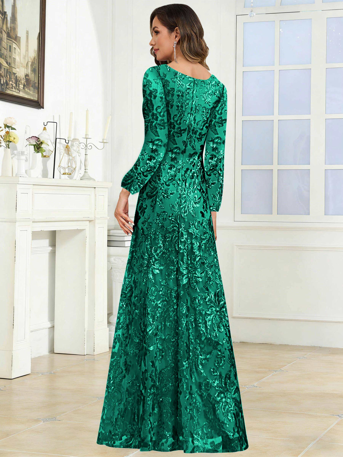 Crew Neck Sequin Lace Long Sleeve Mother of the Bride Dress
