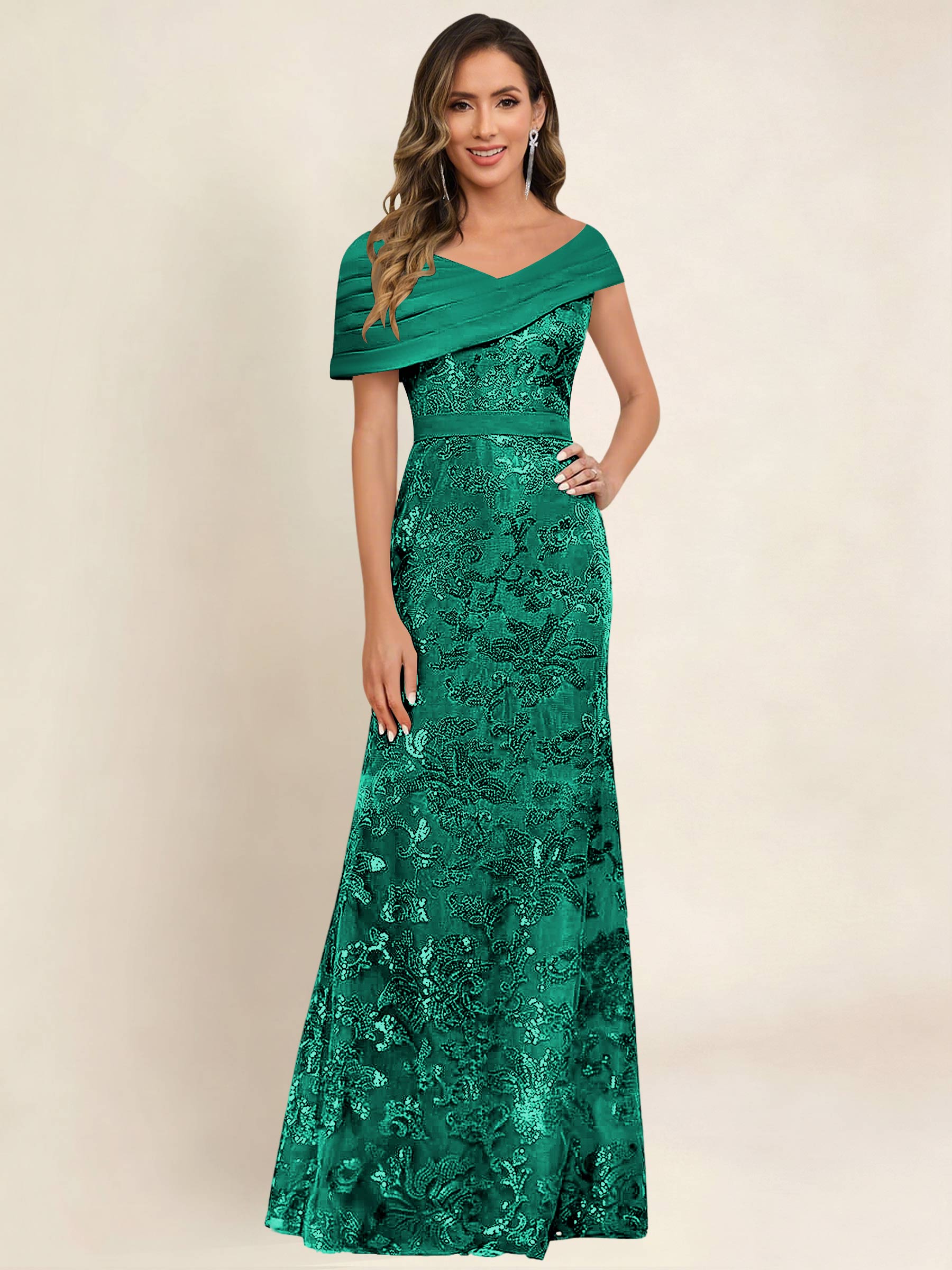 ROVDESY Off the Shoulder Sequin Mermaid Long Mother Of The Bride Dress Formal Gown
