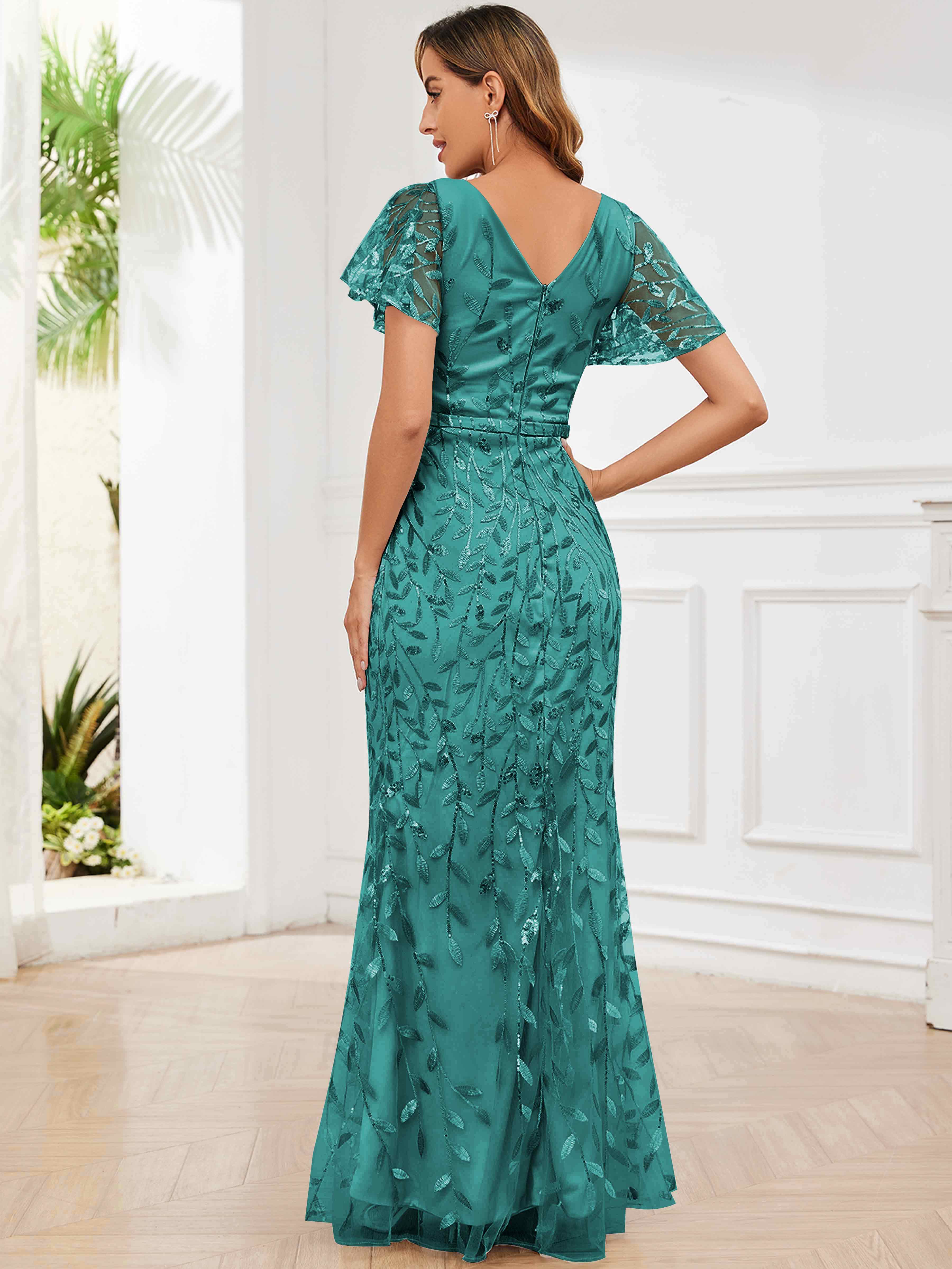 ROVDESY V-Neck Mermaid Sequin Mother Of The Bride Dress With Short Sleeves