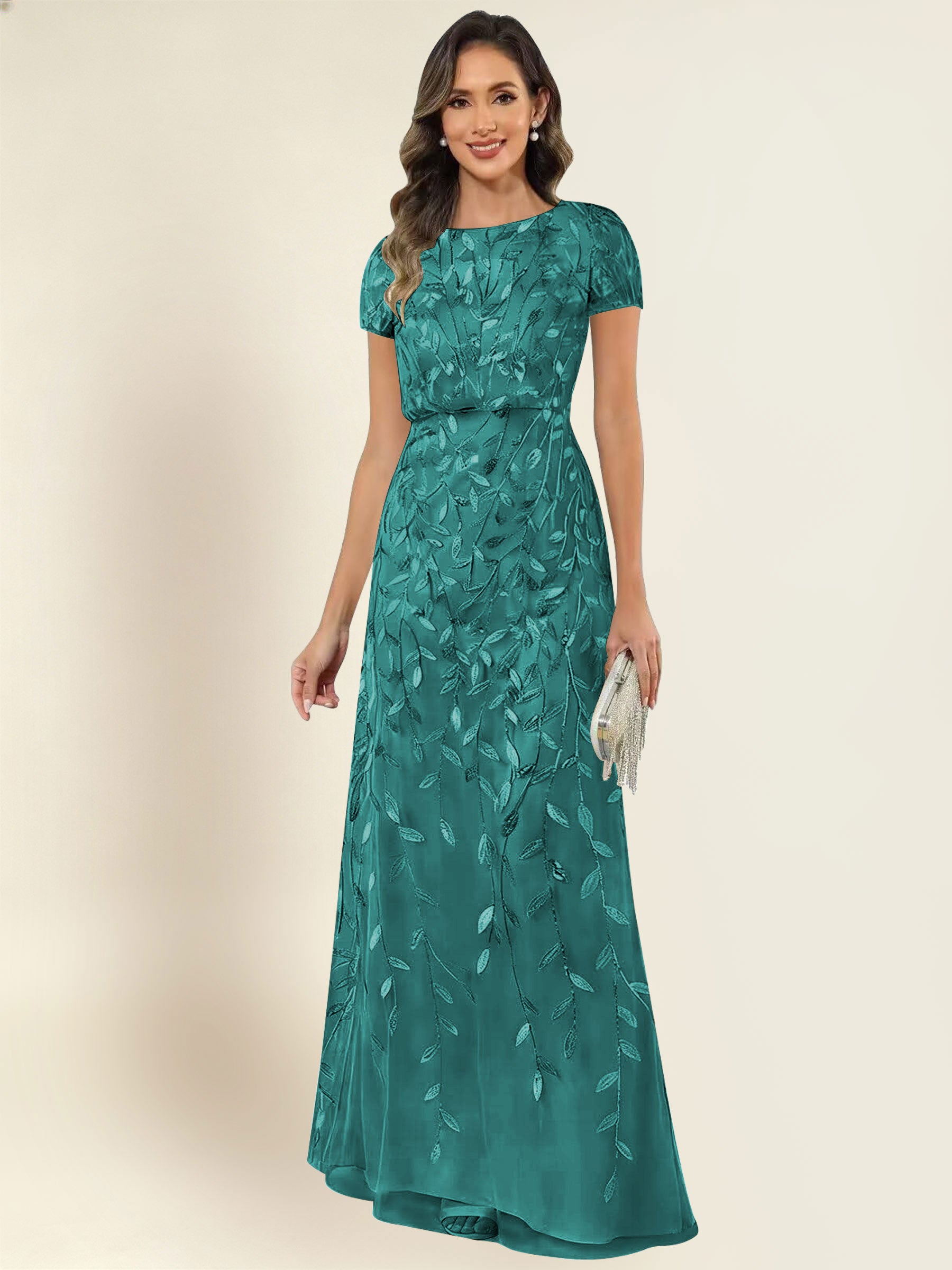 ROVDESY Sequin Mermaid Long Mother Of The Bride Dress With Short Sleeves Formal Gown