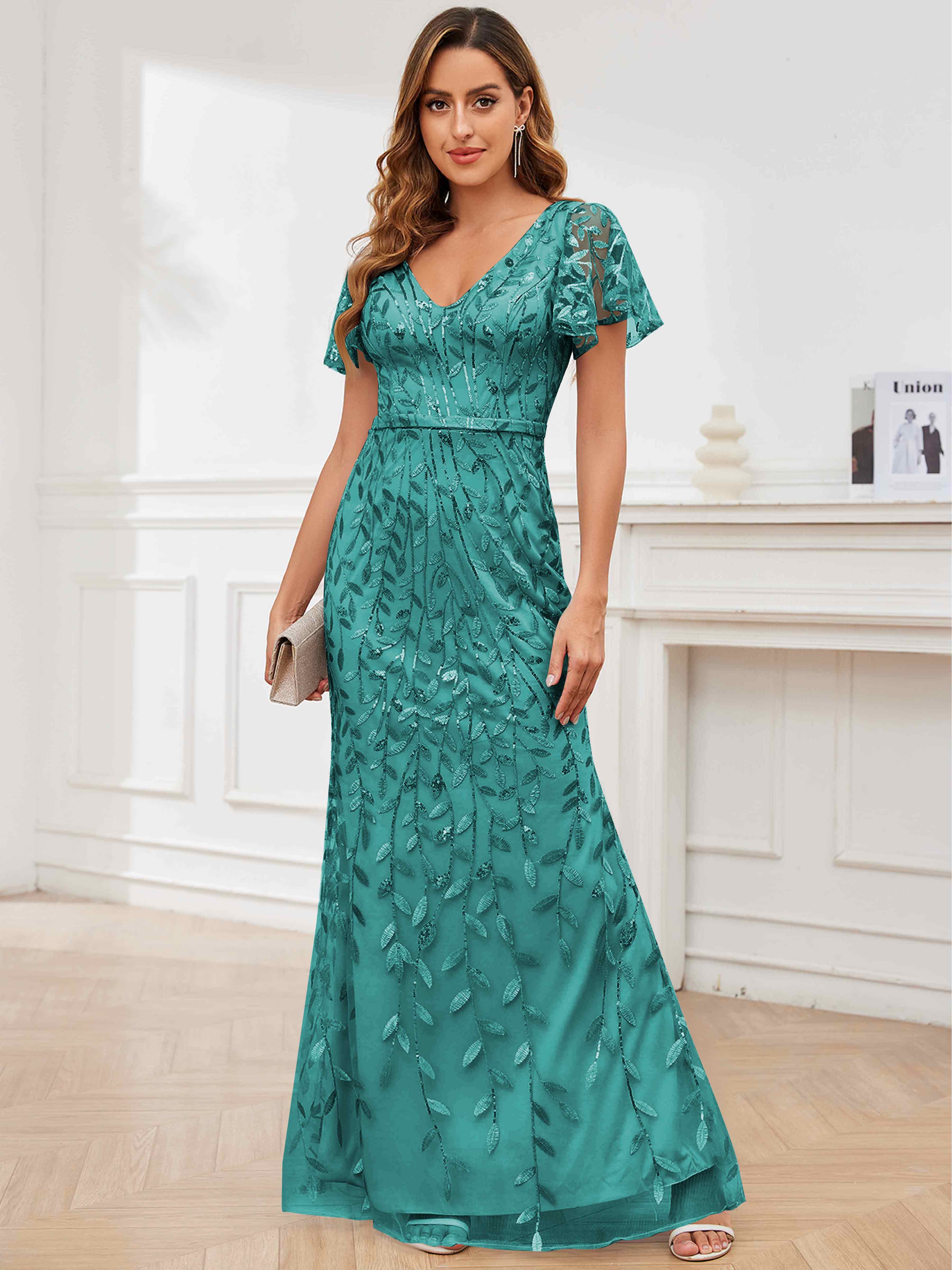 ROVDESY V-Neck Mermaid Sequin Mother Of The Bride Dress With Short Sleeves