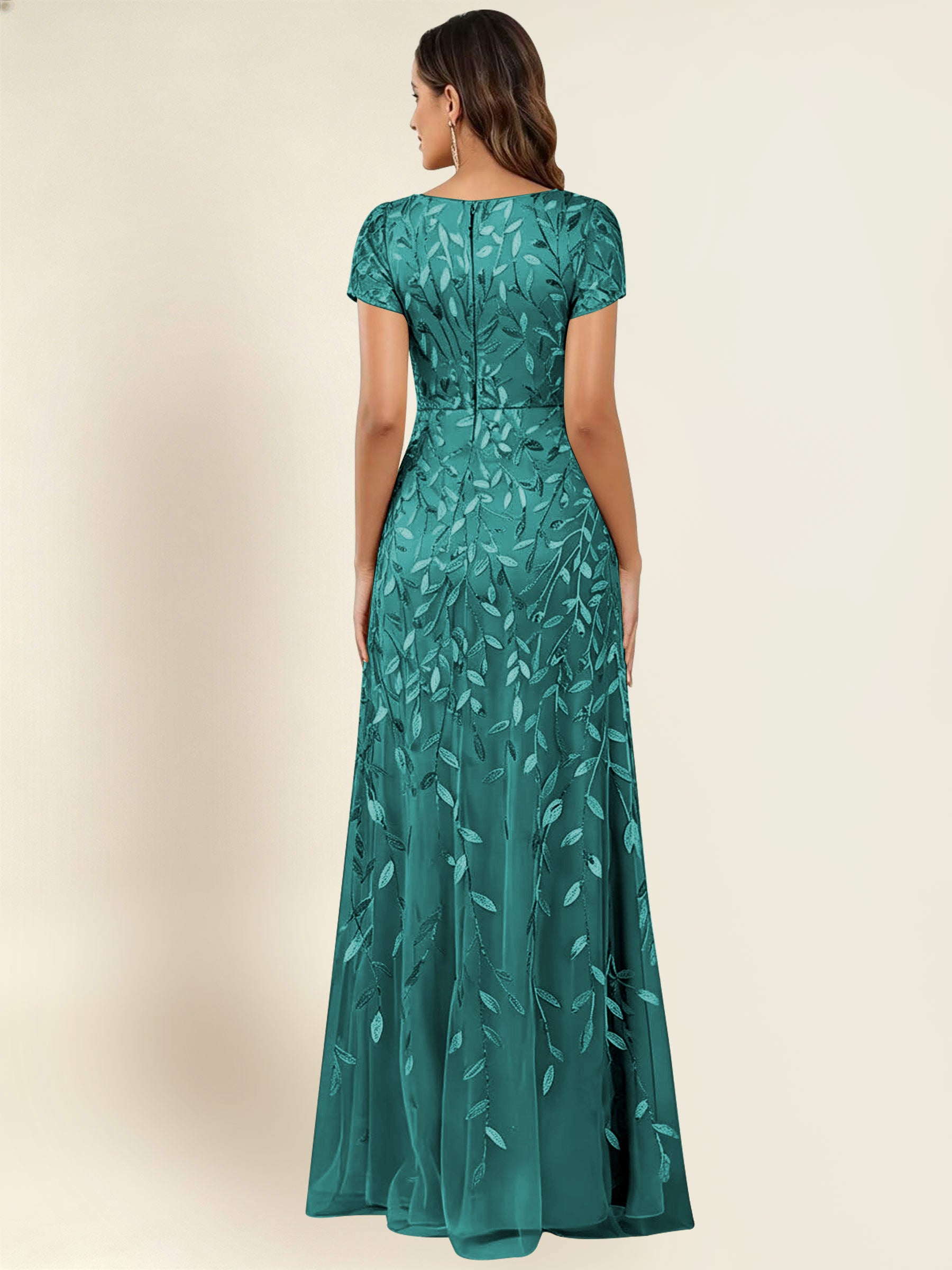 ROVDESY Sequin Mermaid Long Mother Of The Bride Dress With Short Sleeves Formal Gown