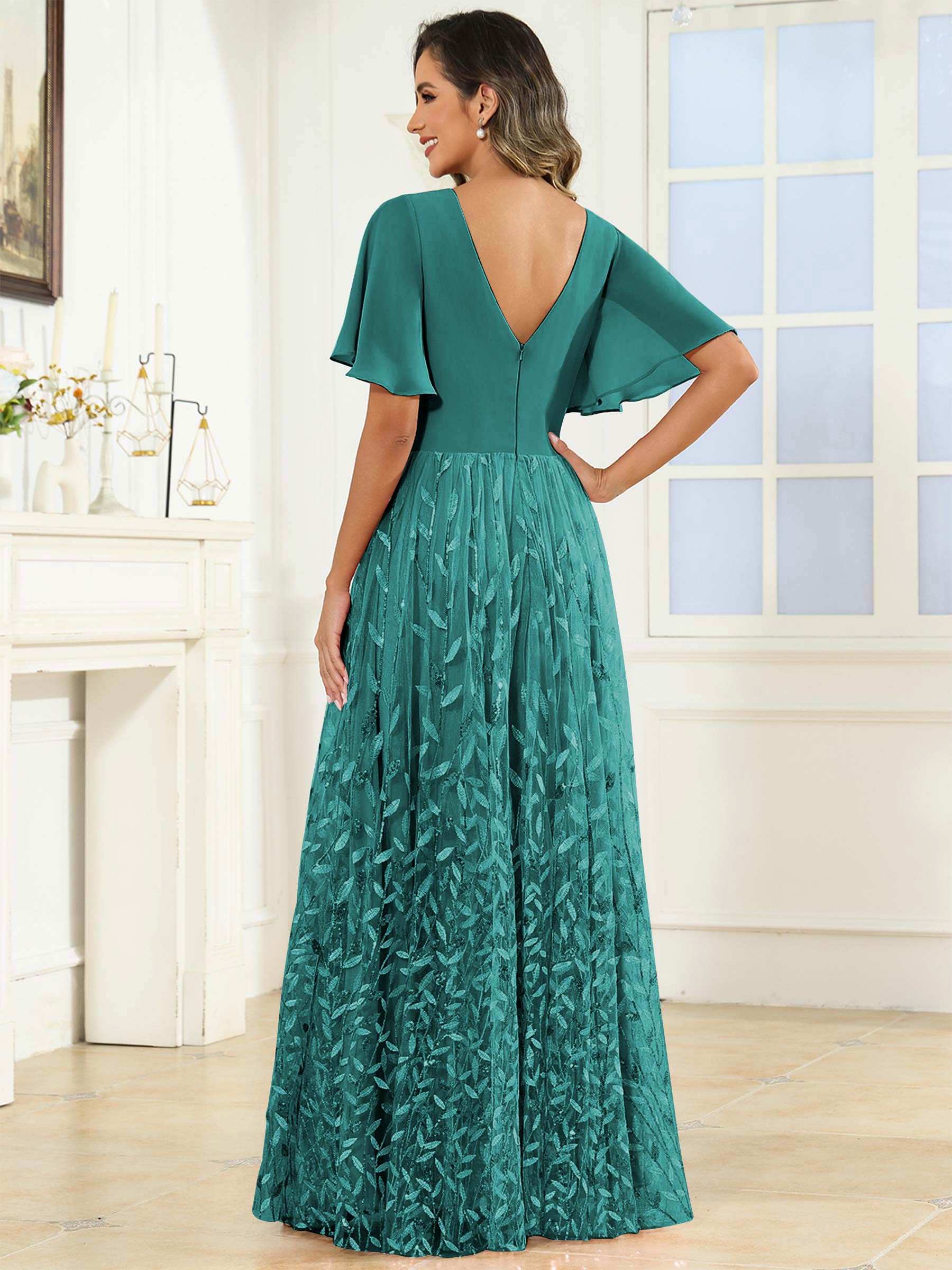 ROVDESY A-Line V-Neck Chiffon Sequin Mother Of The Bride Dress With Short Sleeves