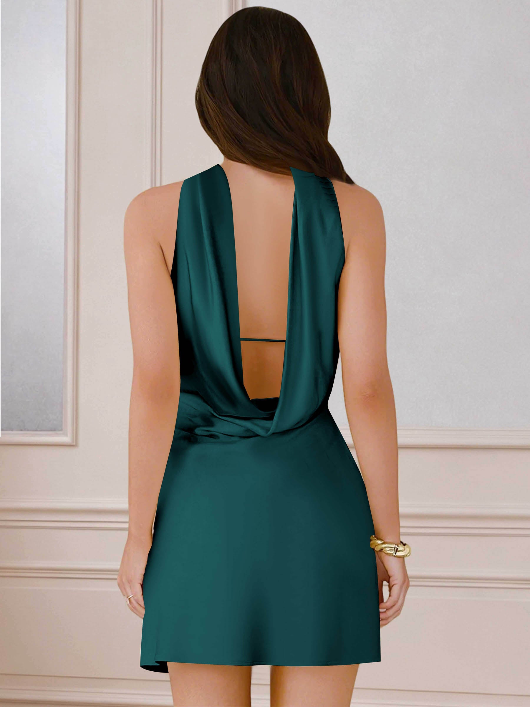 ROVDESY A-Line Halter Neck Satin Homecoming Mini Dress