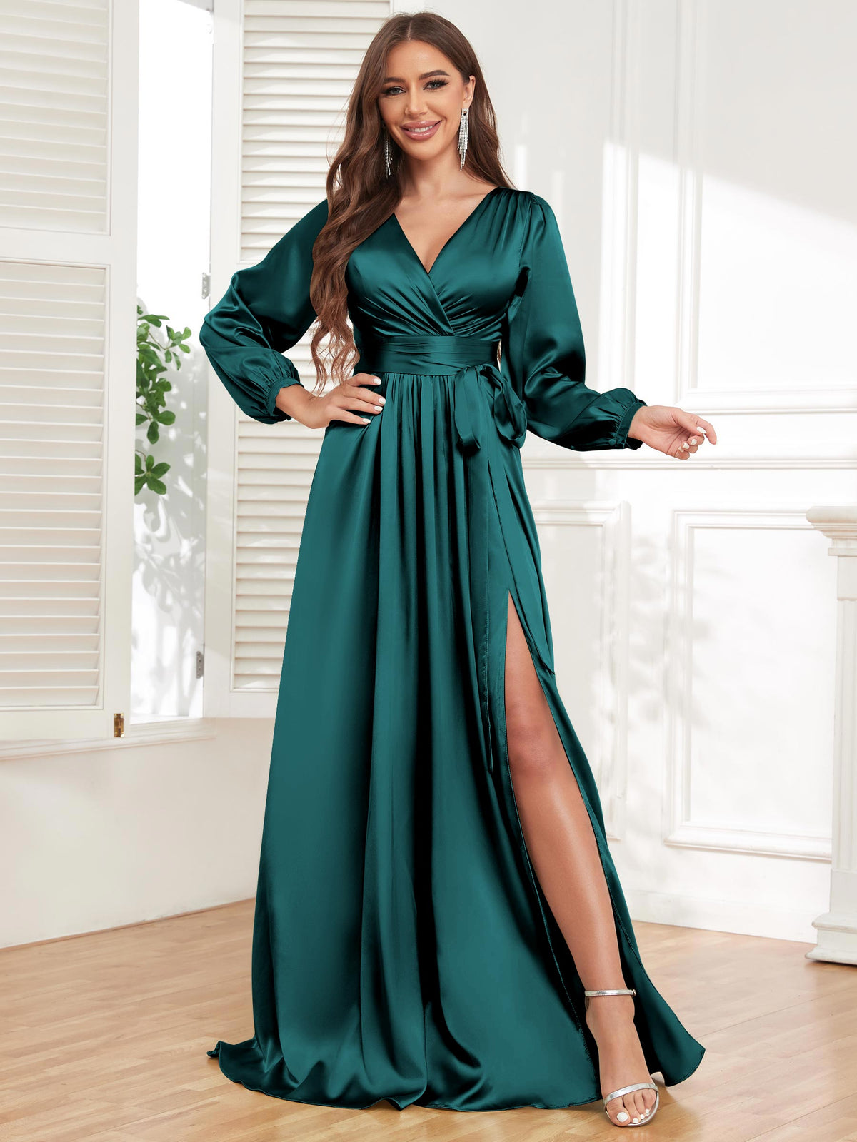 V Neck Satin Long Sleeve Bridesmaid Dress with Slit