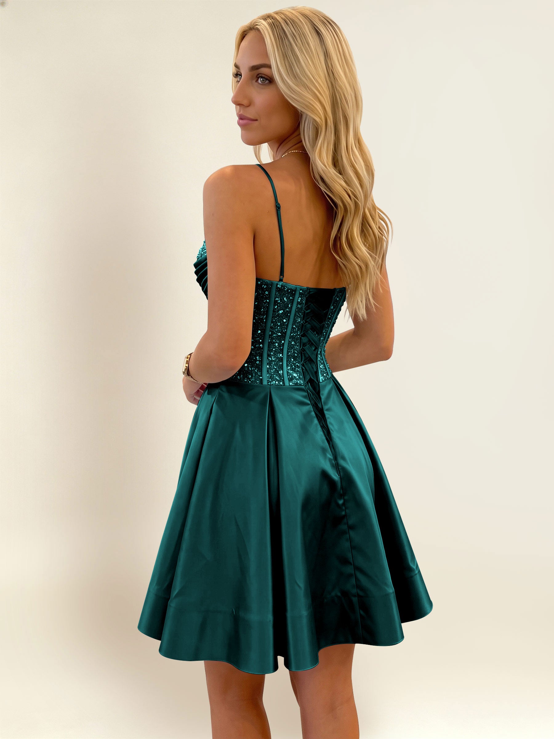 ROVDESY A-Line Spaghetti Strap Sequin Corset Satin Homecoming Mini Dress