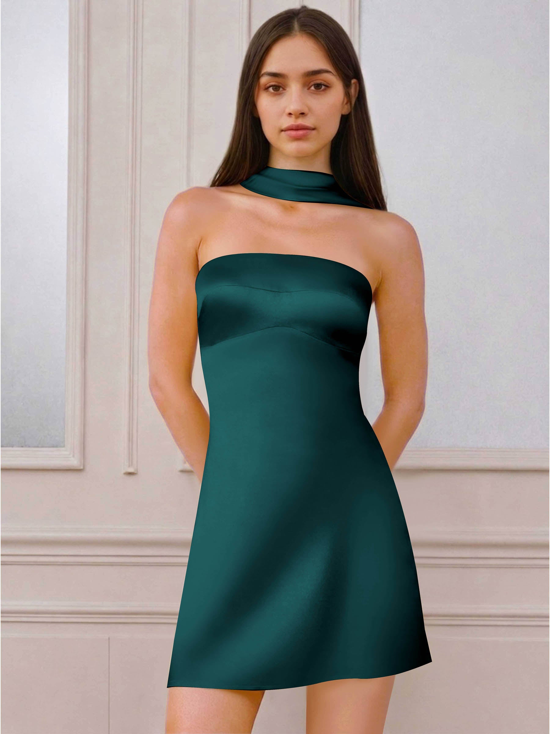 ROVDESY A-Line Halter Neck Satin Homecoming Mini Dress
