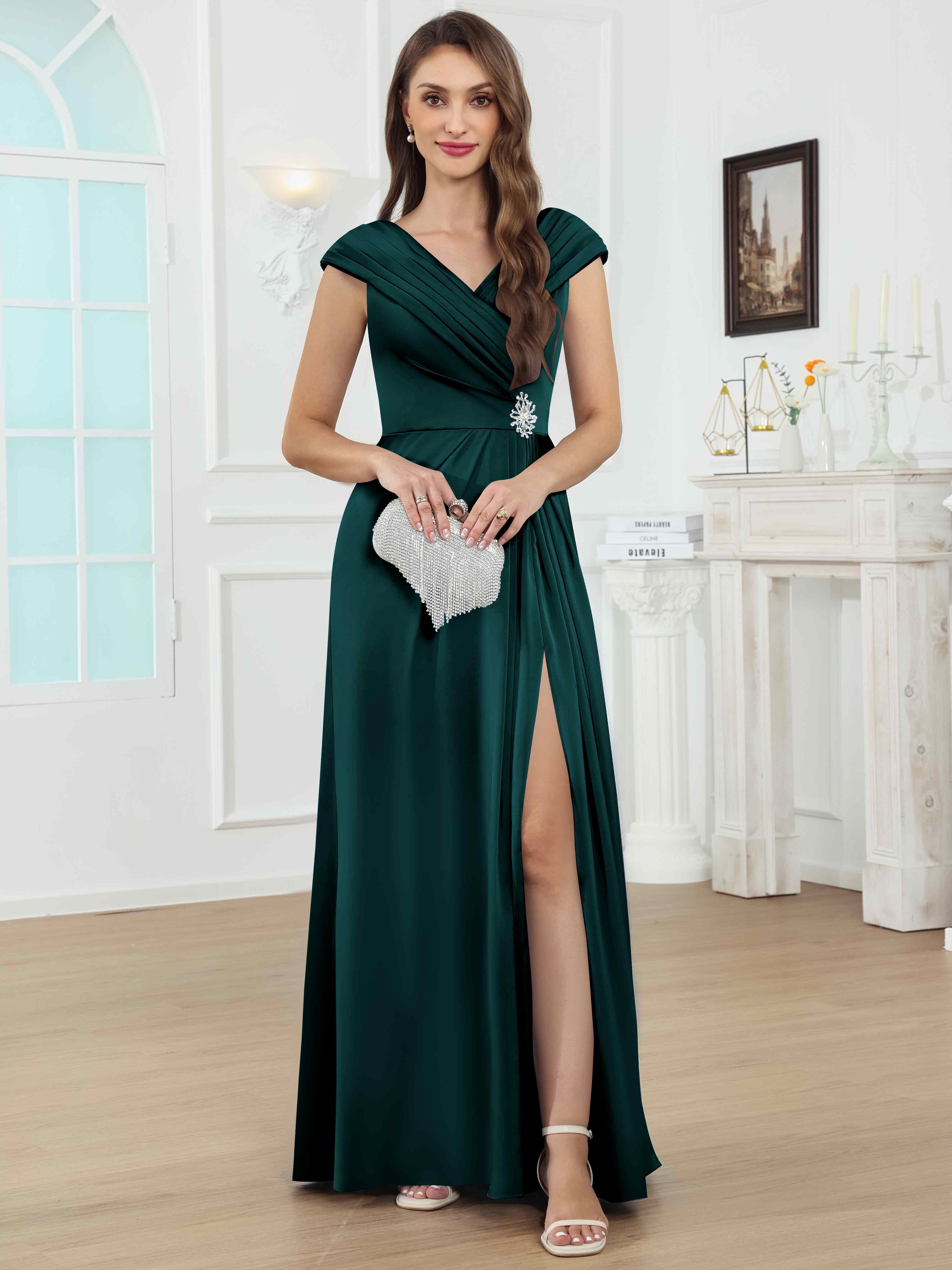 ROVDESY V-Neck Off The Shoulder Pleated Satin Mother Of The Bride Dress With Slit