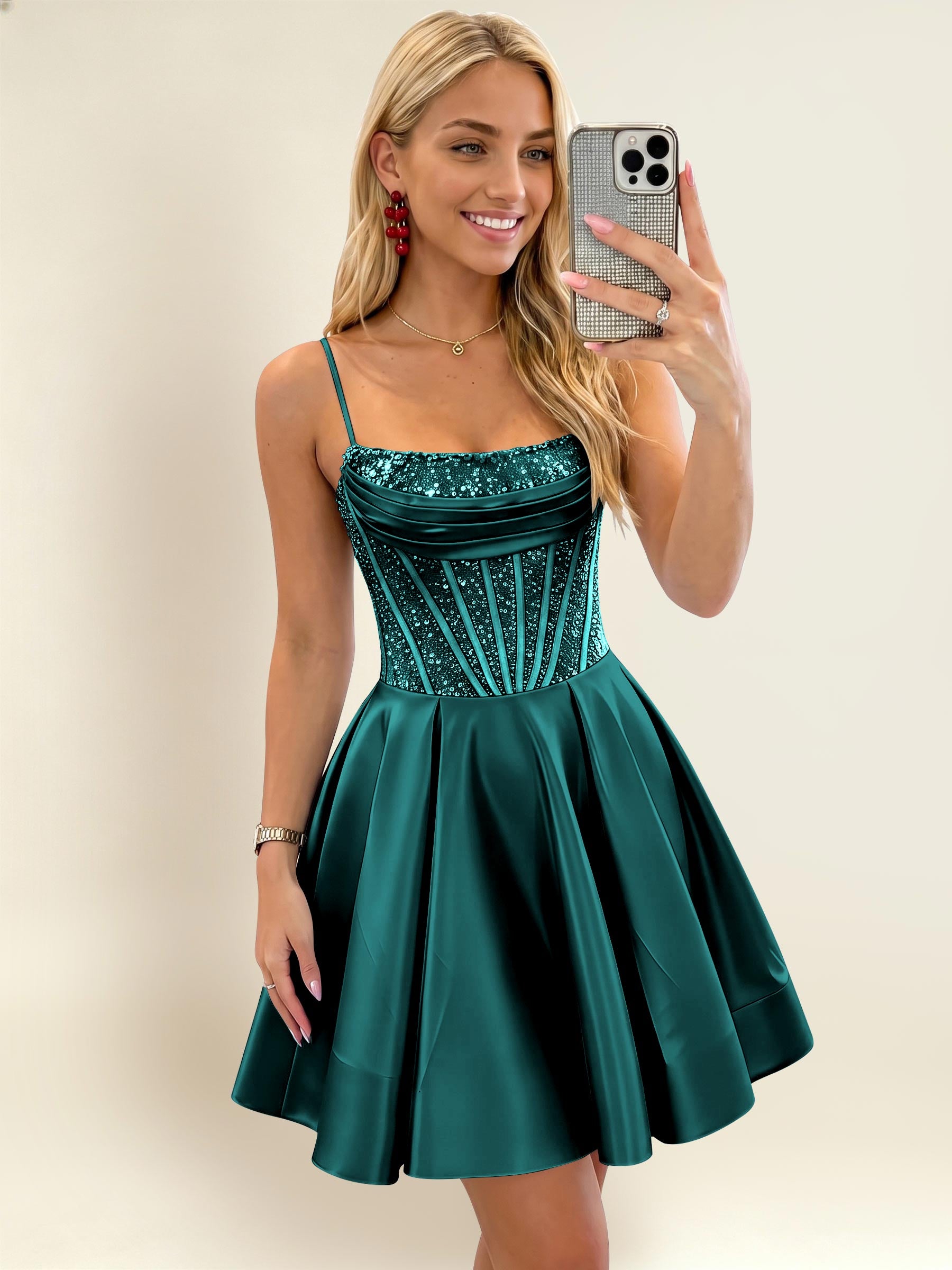 ROVDESY A-Line Spaghetti Strap Sequin Corset Satin Homecoming Mini Dress