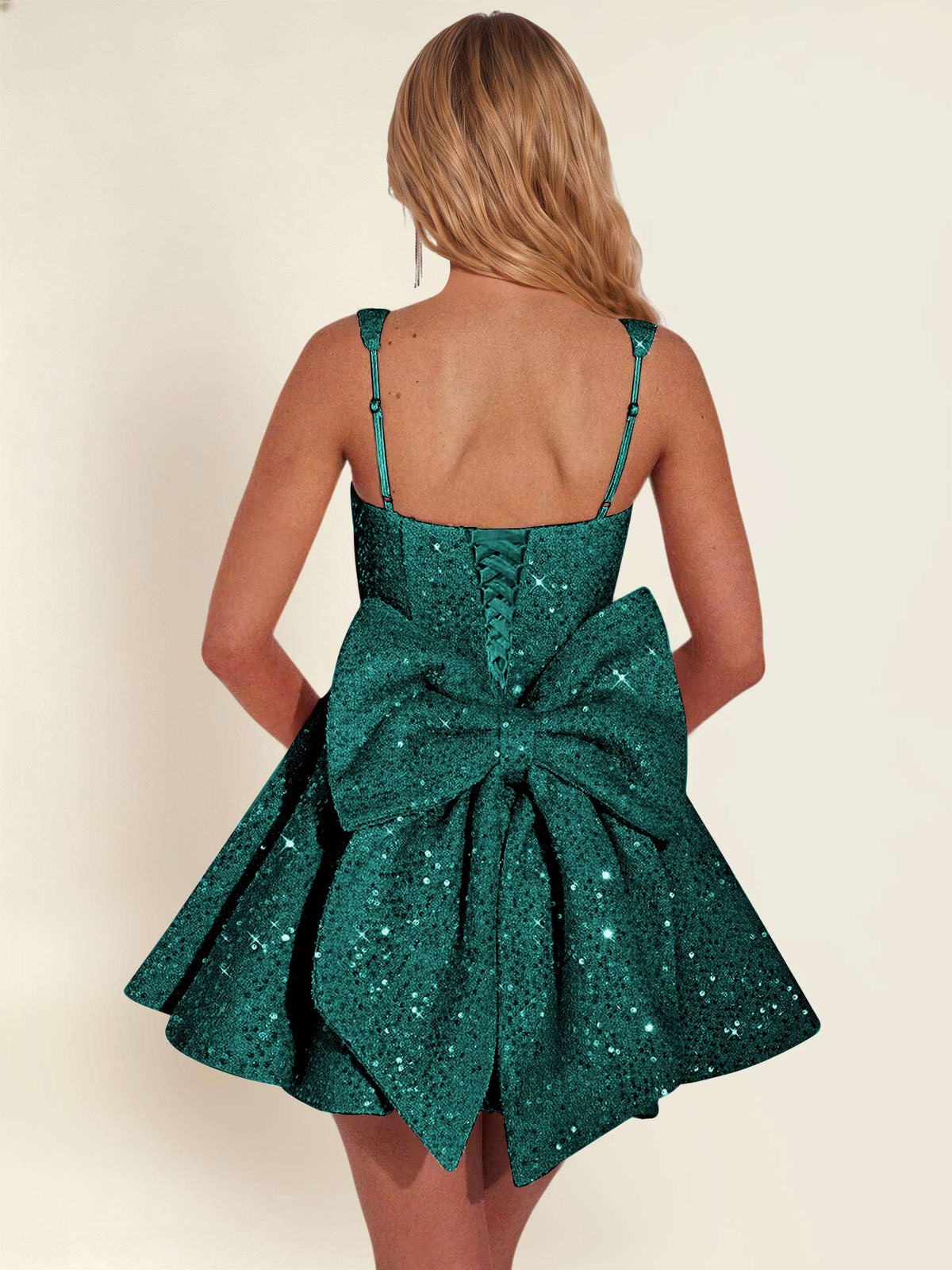 ROVDESY Sparkly Sequin A-Line Square Neck Homecoming Mini Dress With Big Bow