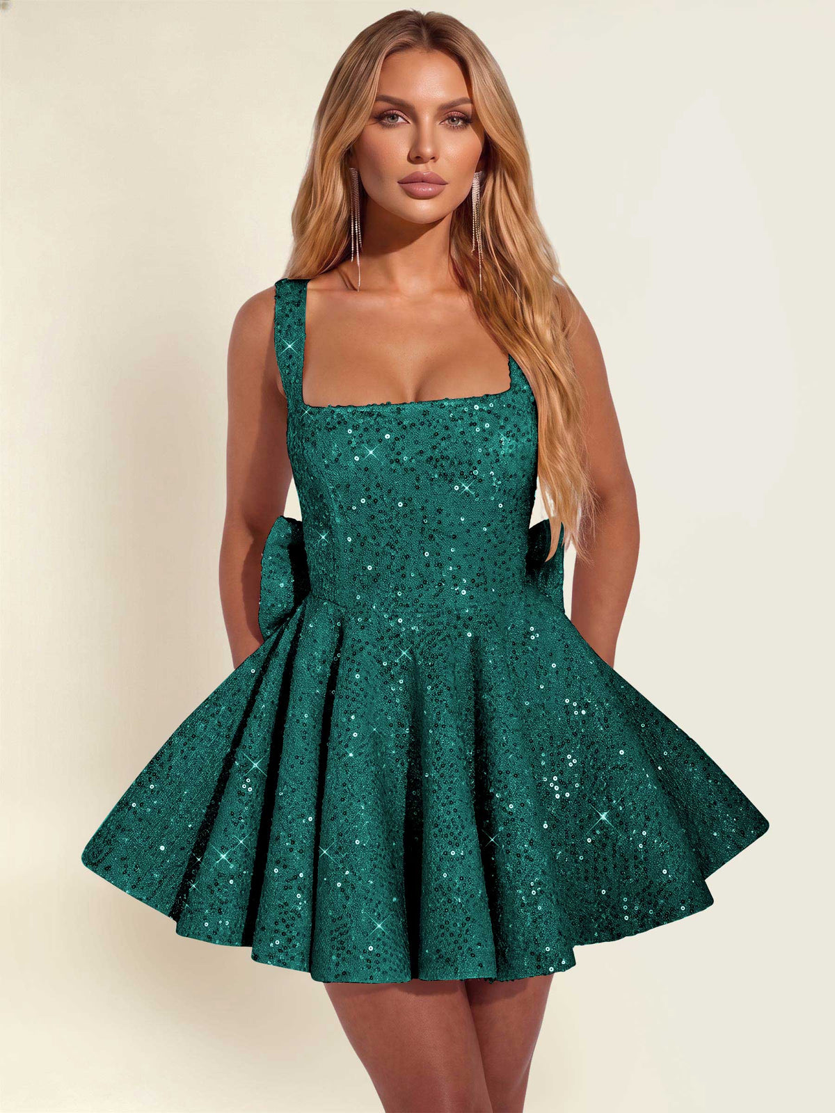 ROVDESY Sparkly Sequin A-Line Square Neck Homecoming Mini Dress With Big Bow