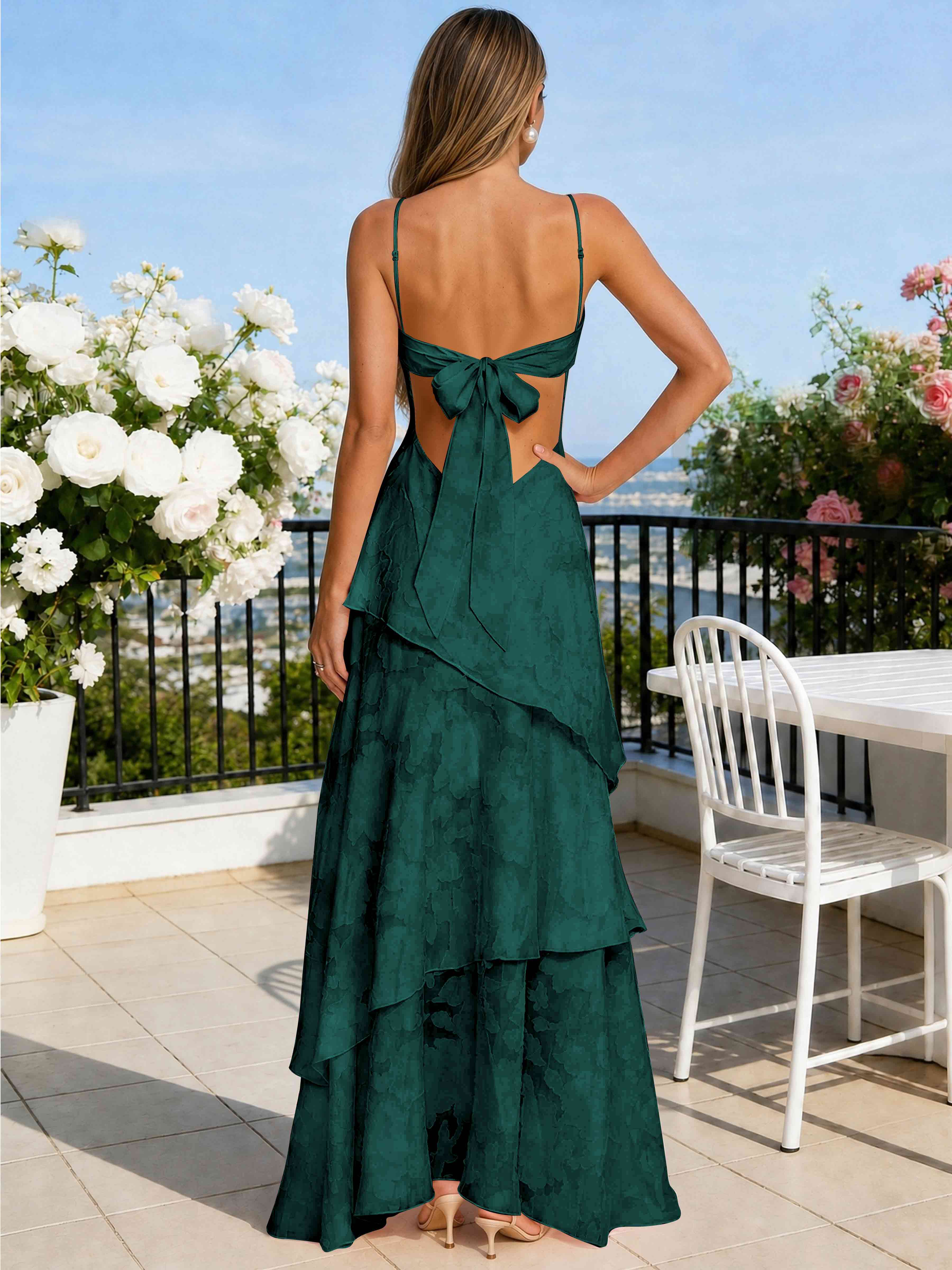 ROVDESY Spaghetti Strap V-Neck Chiffon Jacquard Tiered Ruffle Long Bridesmaid/Prom Dress