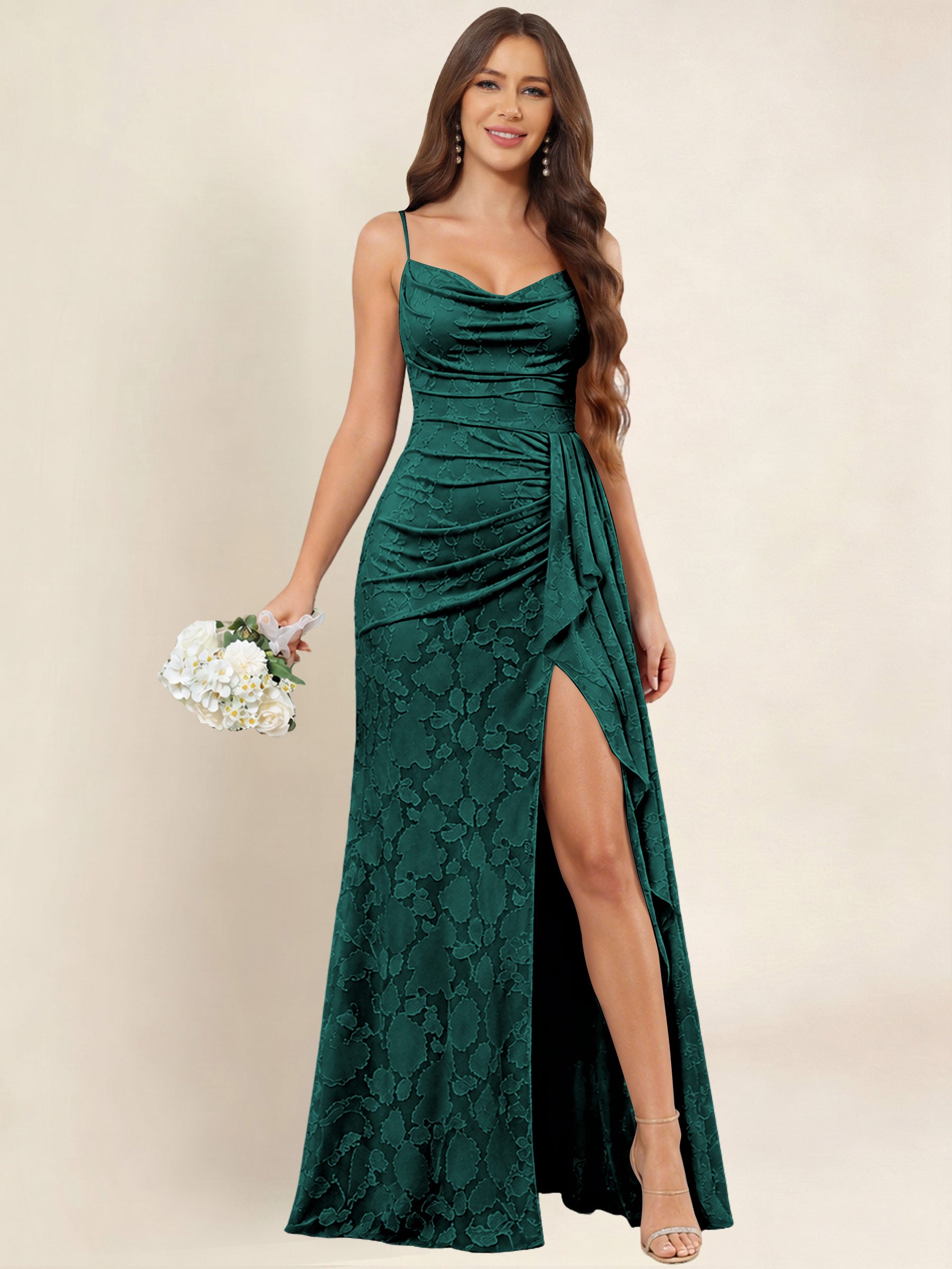 ROVDESY  Cowl Neck Ruffle Mermaid Chiffon Jacquard Bridesmaid/Prom Dress With Slit