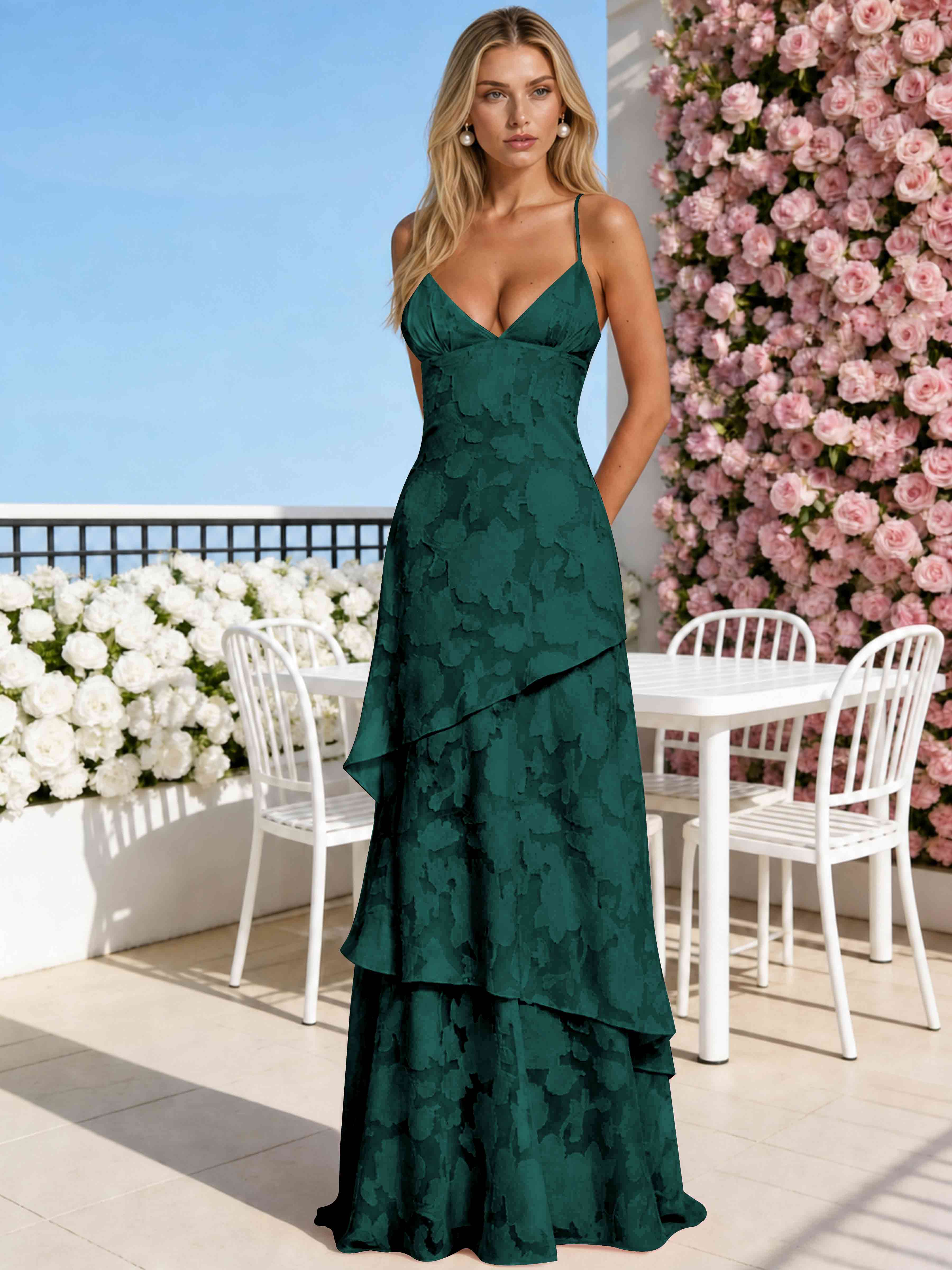 ROVDESY Spaghetti Strap V-Neck Chiffon Jacquard Tiered Ruffle Long Bridesmaid/Prom Dress