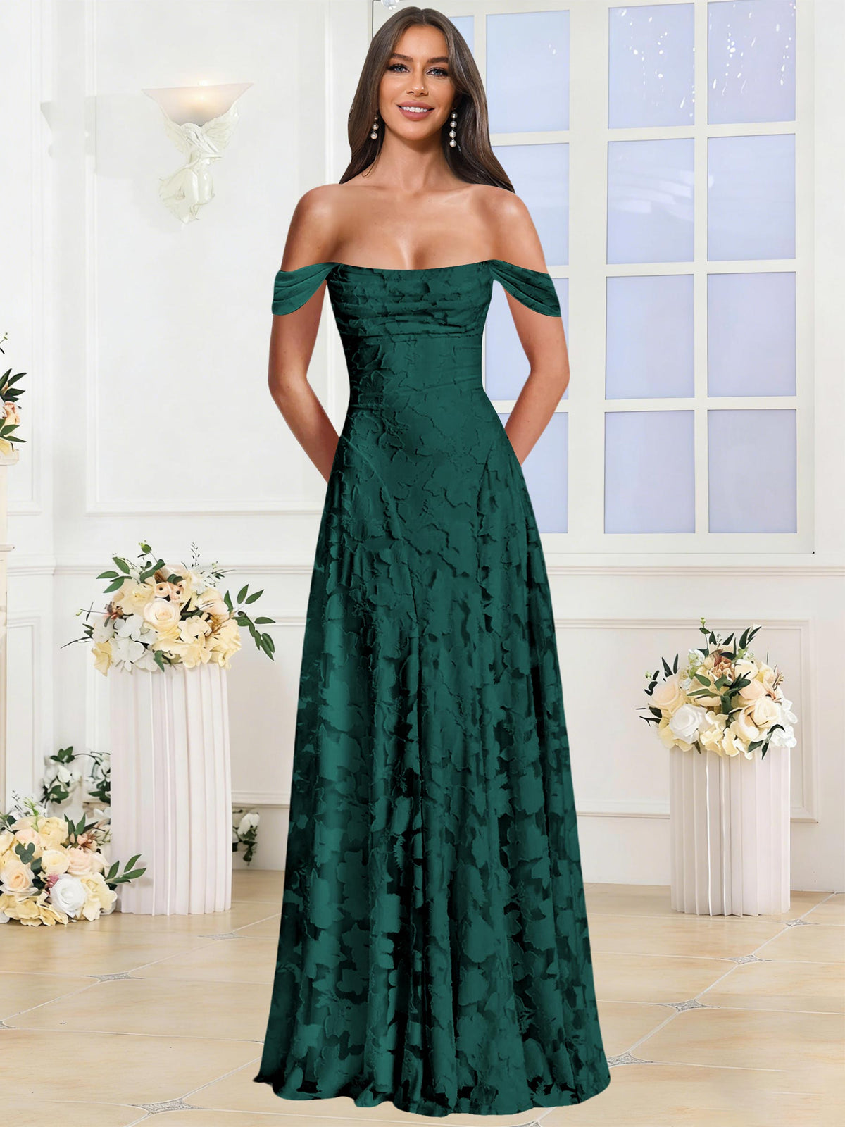 Off the Shoulder Floral Ruched A-line Bridesmaid Dress