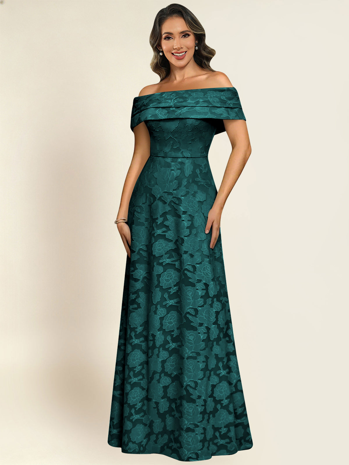 ROVDESY Off the Shoulder Floral Jacquard A-Line Long Mother of the Bride Dress