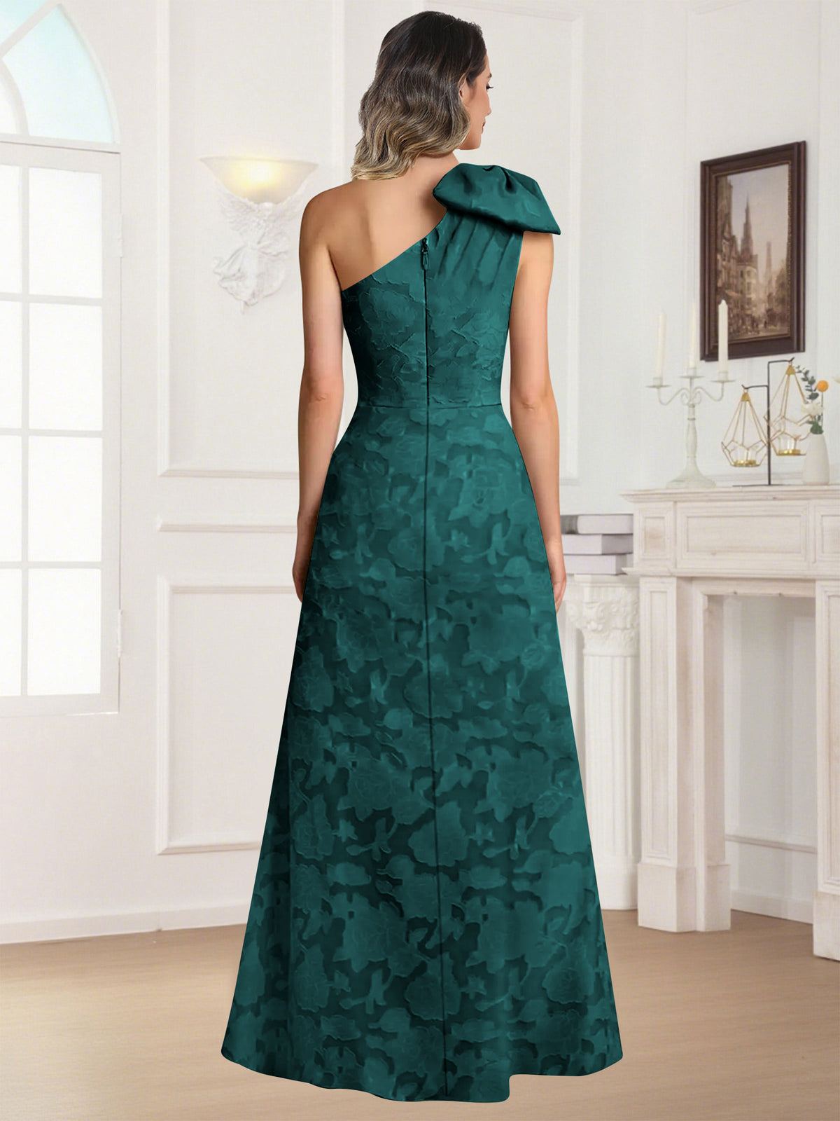 One Shoulder Floral Jacquard Mother of the Bride Dress