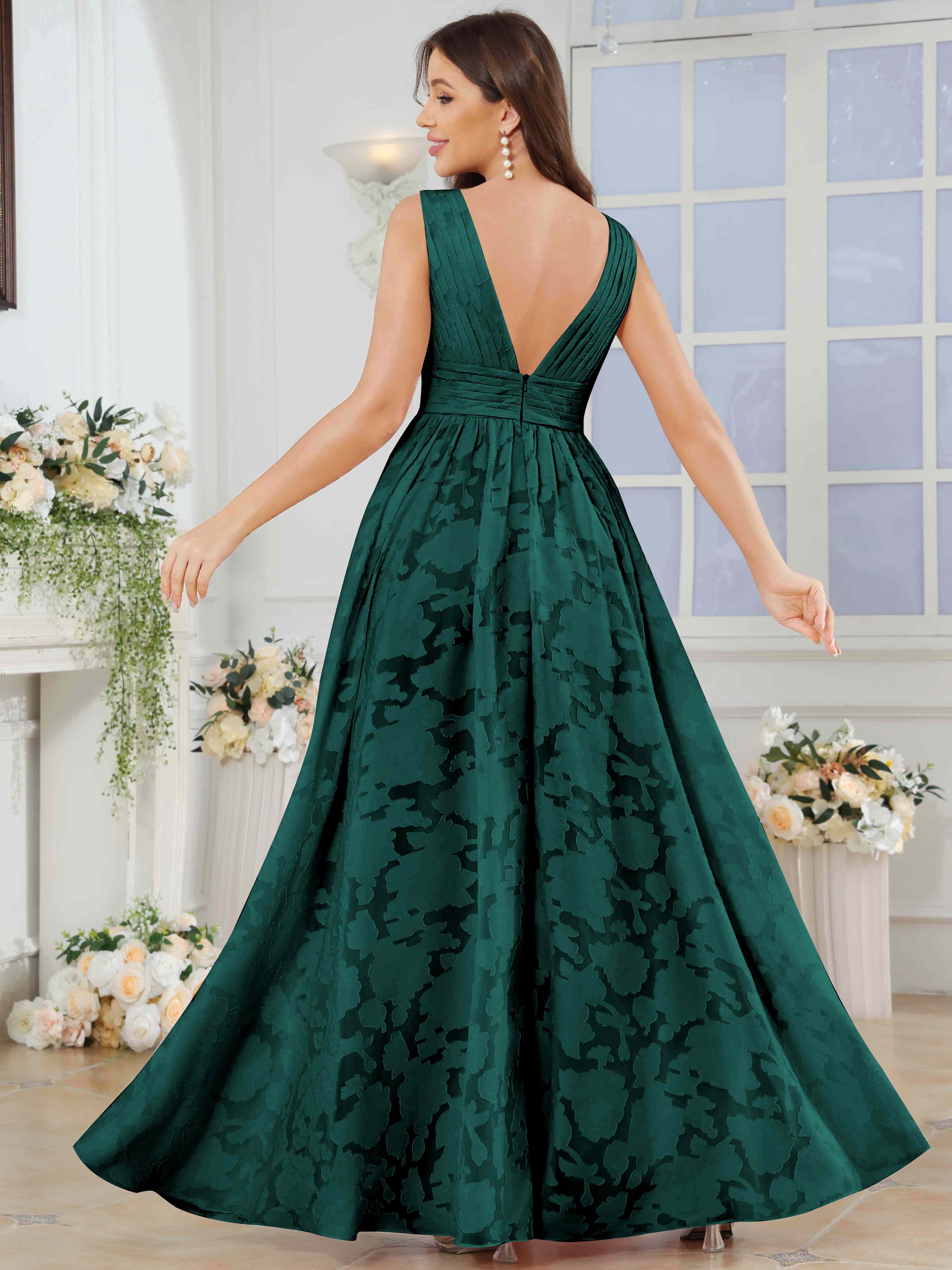 ROVDESY A-Line V-Neck Pleated Chiffon Jacquard Bridesmaid/Peom Dress With Slit