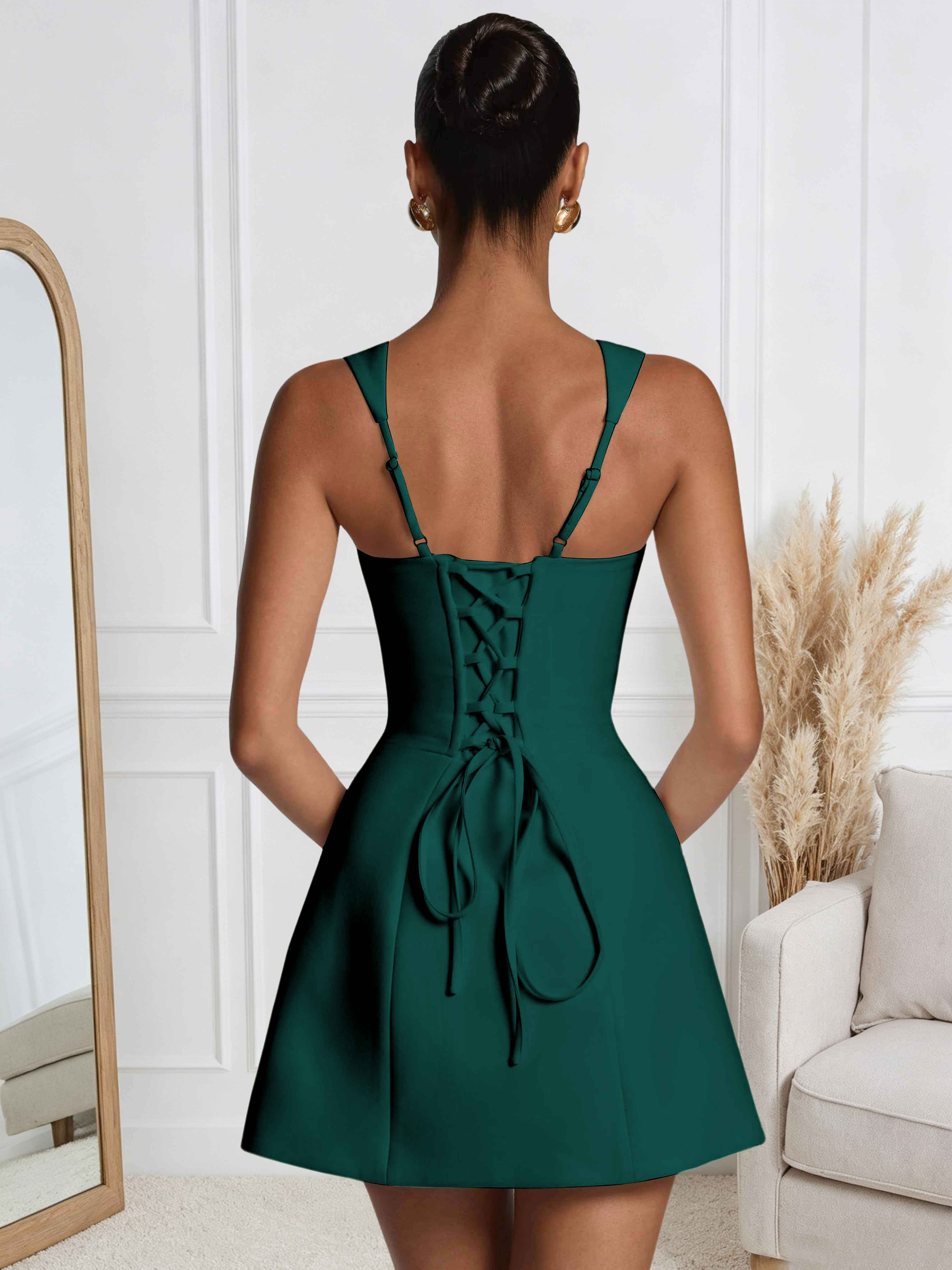 ROVDESY A-Line Square Neck Satin Homecoming Mini Dress