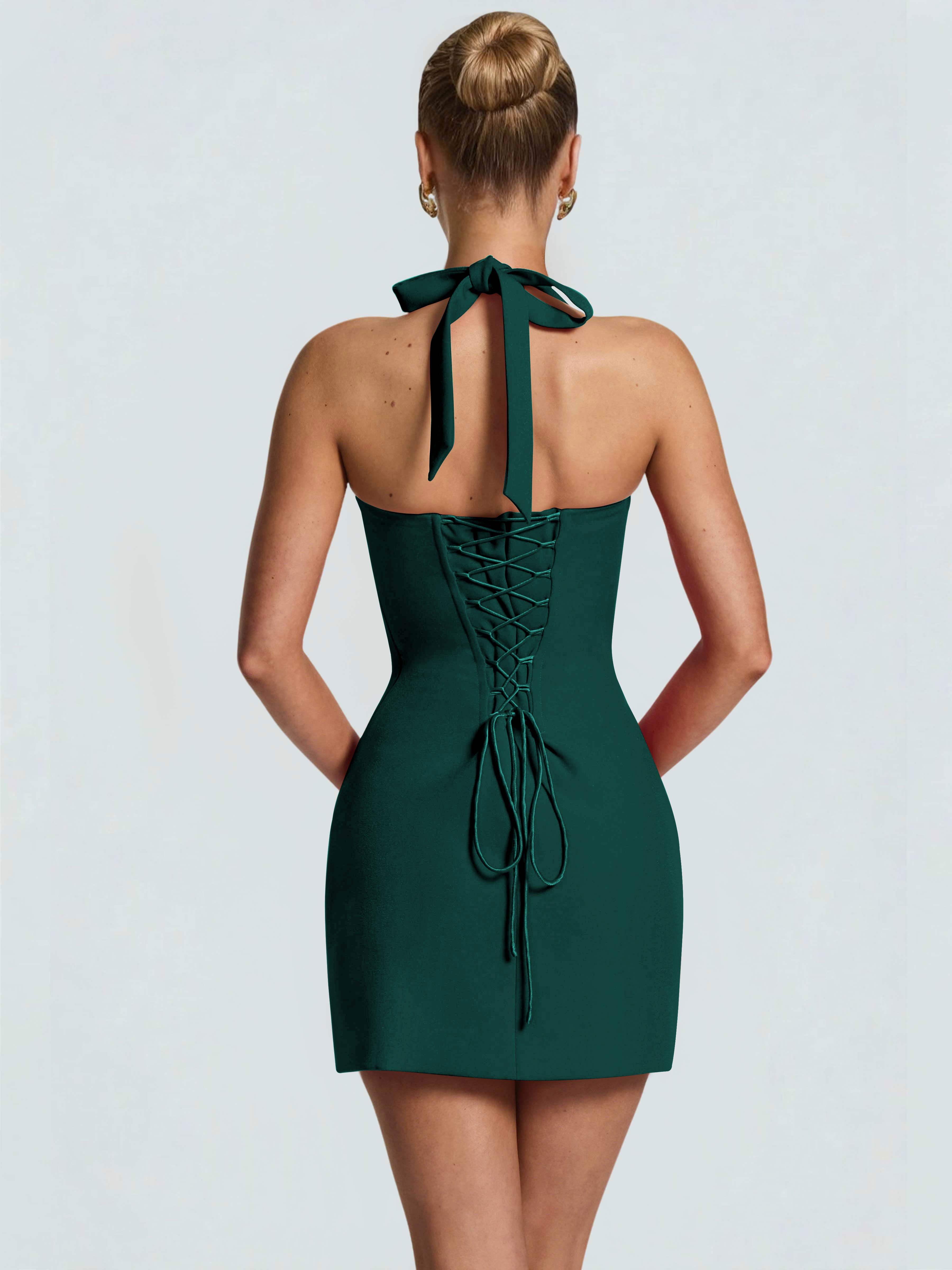 ROVDESY Halter Lace Satin Tight Homecoming Mini Dress