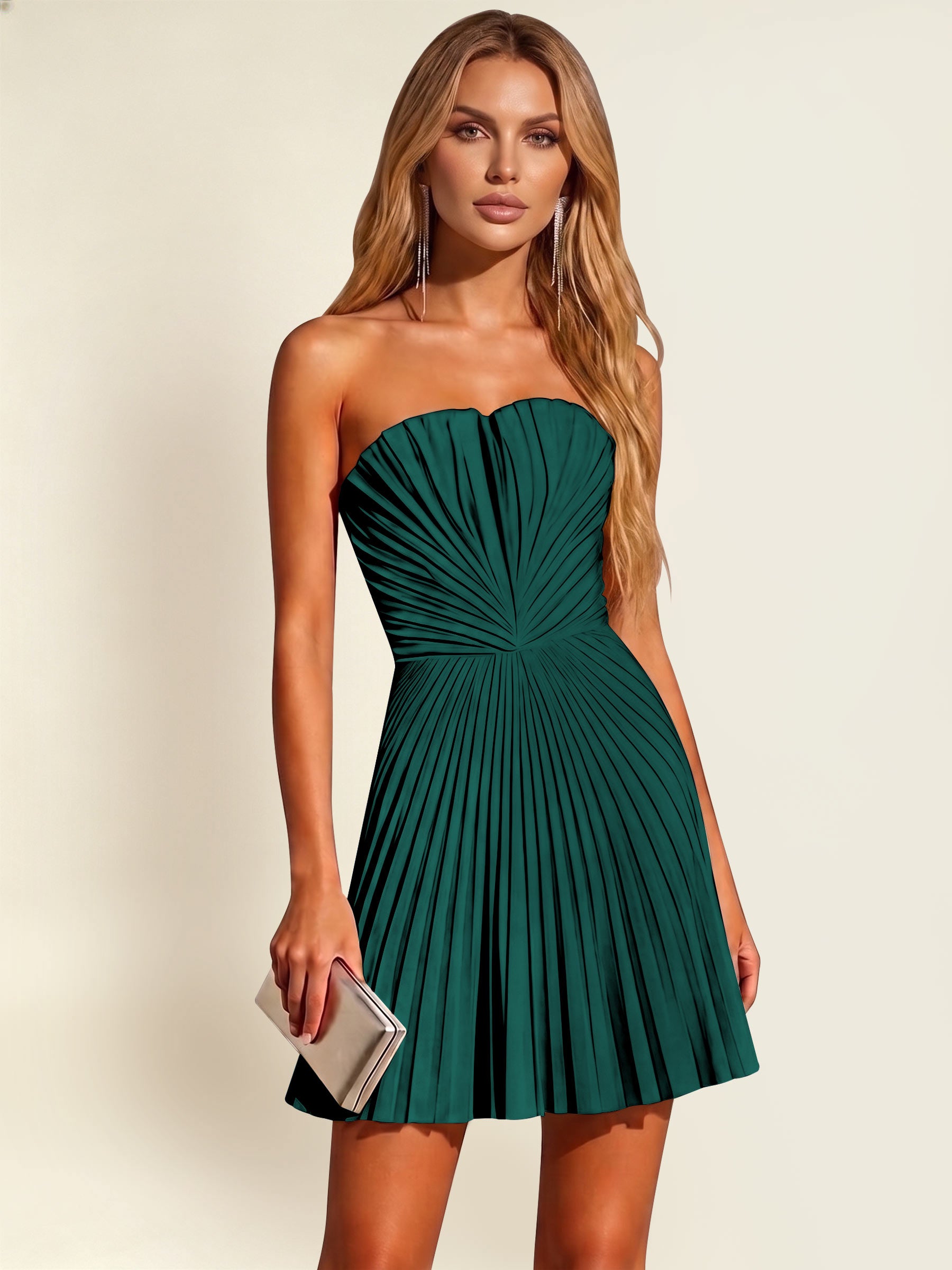ROVDESY A-Line Strapless Pleated Satin Homecoming Mini Dress