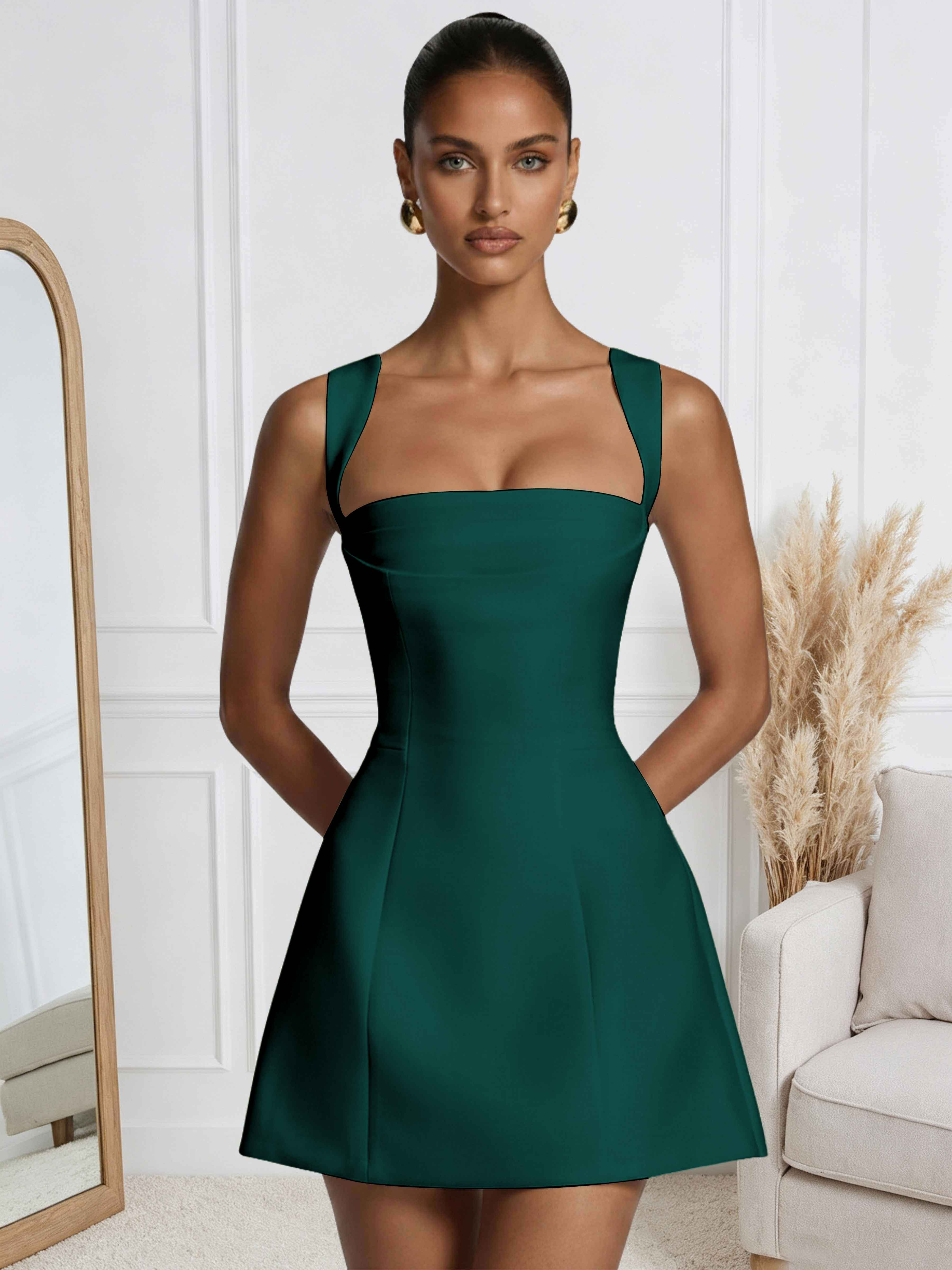 ROVDESY A-Line Square Neck Satin Homecoming Mini Dress