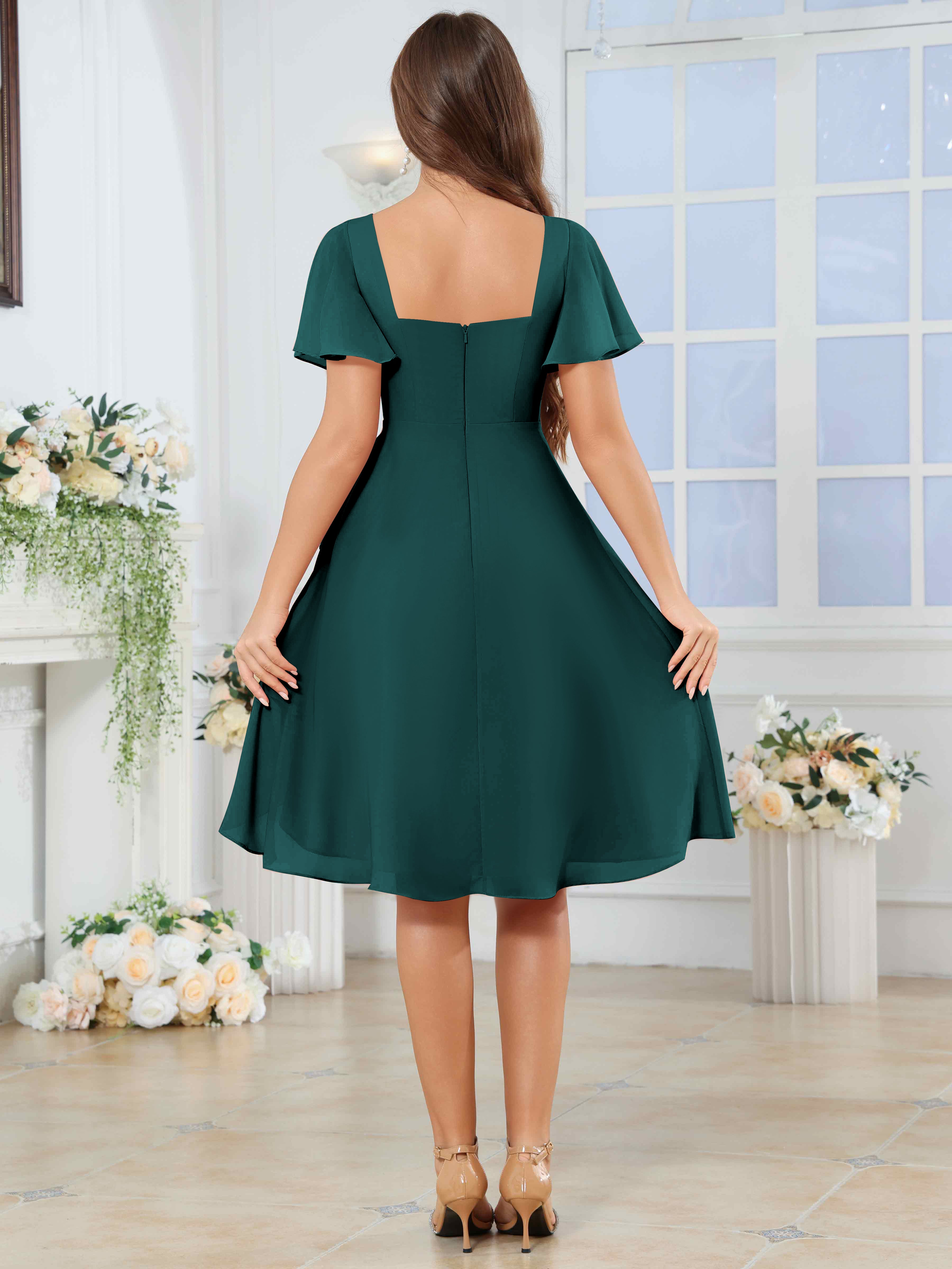 ROVDESY Knee Length V-Neck Pleated Chiffon Bridesmaid Dress With Short Sleeves