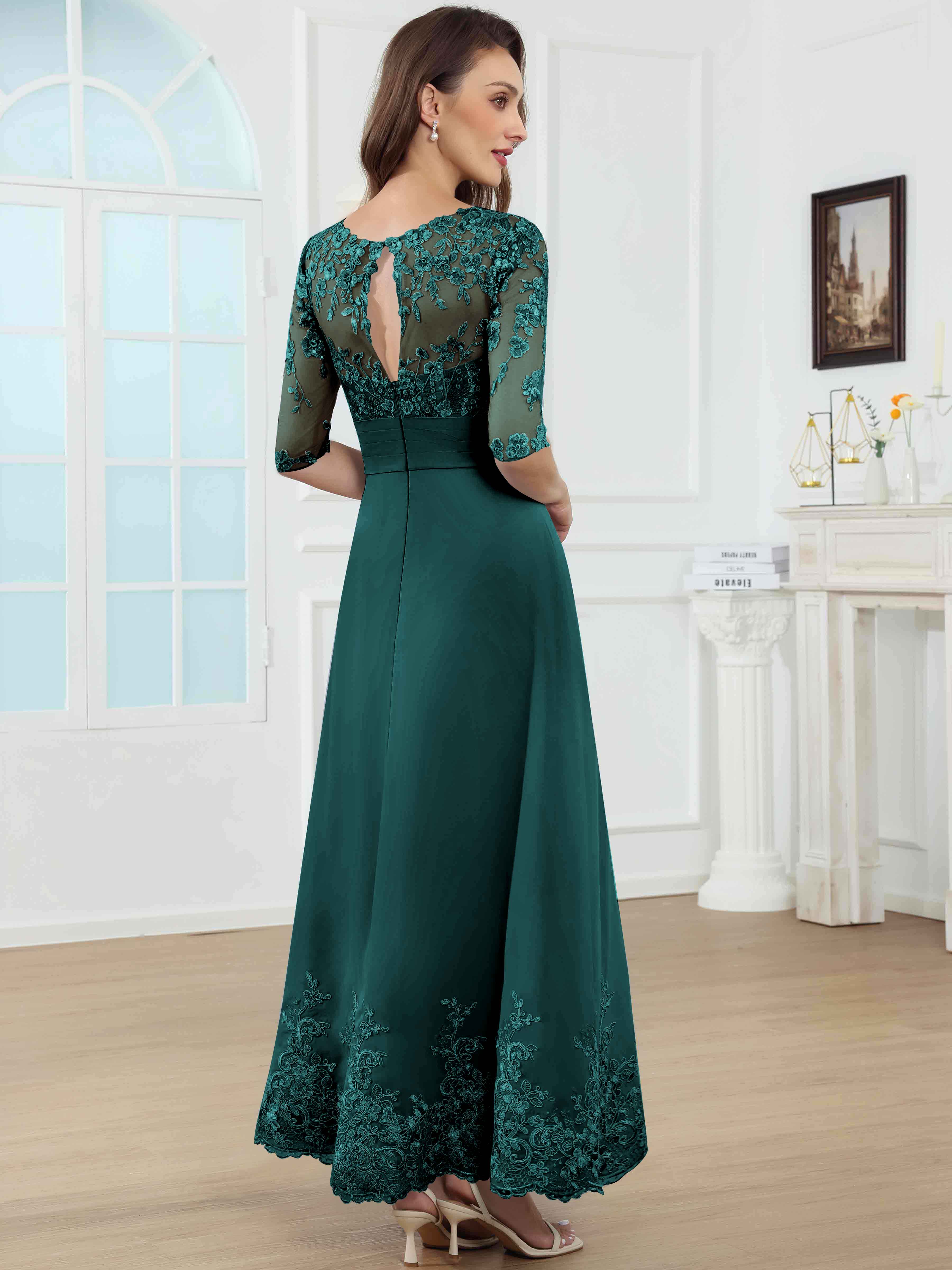 ROVDESY A-Line Lace Sequin Pleated Chiffon Mother Of The Bride Dress With Half Sleeves