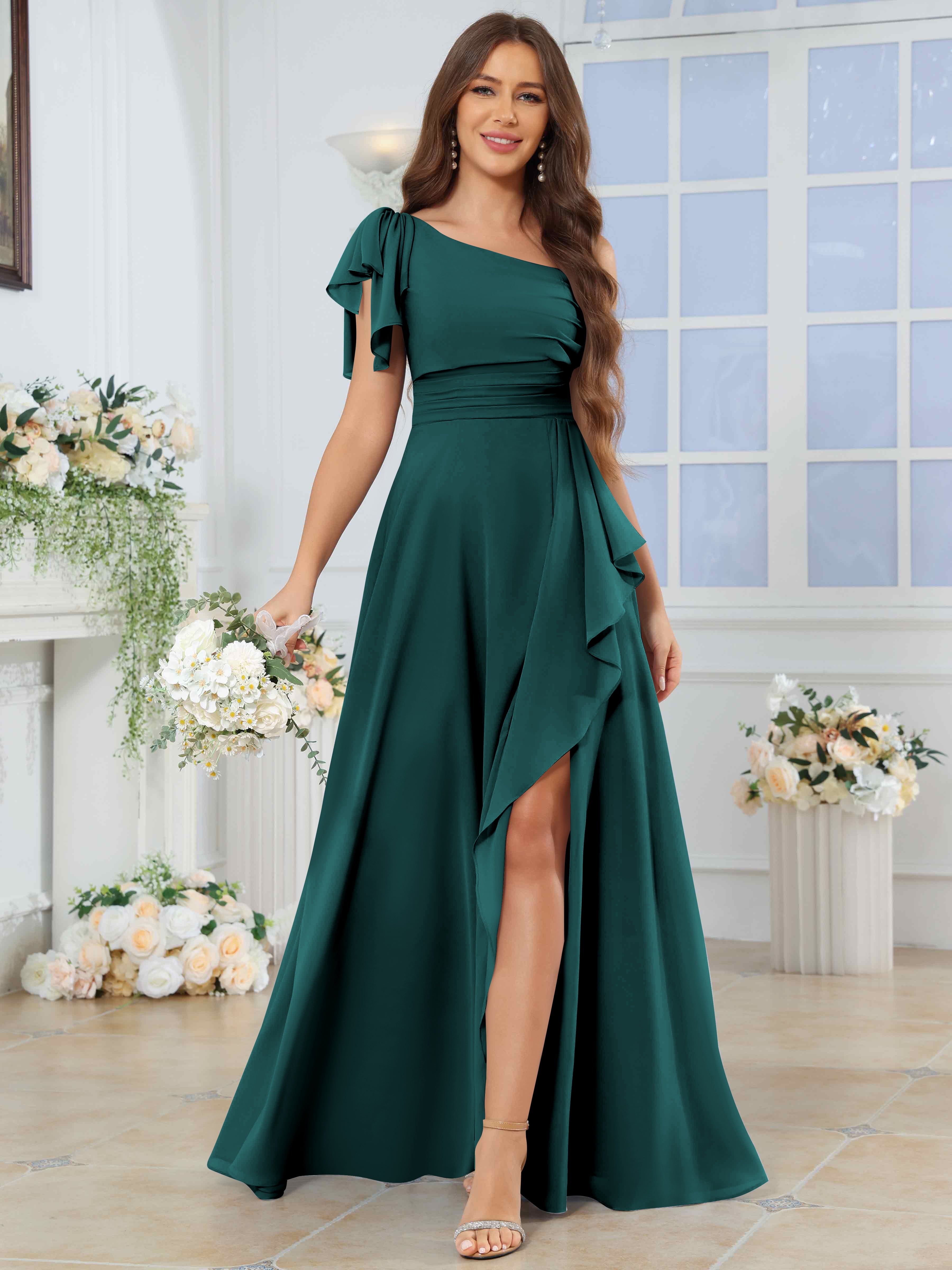 ROVDESY One Shoulder Pleated Ruffle Chiffon Bridesmaid Dress With Slit