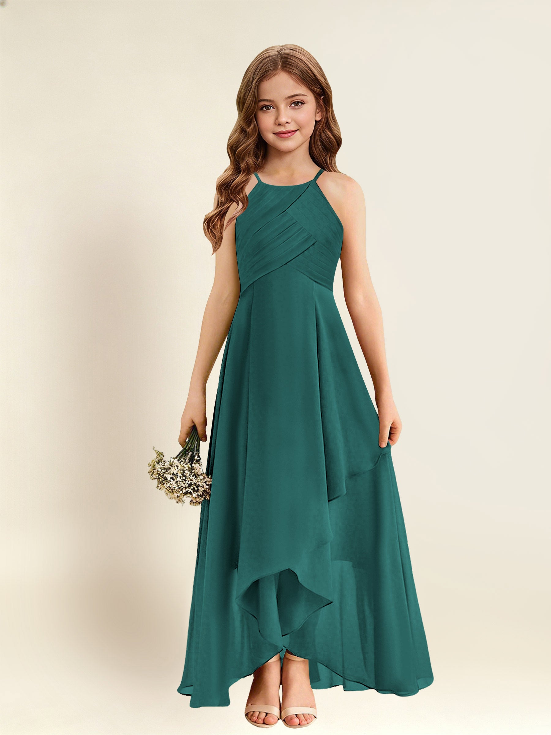 ROVDESY A-Line Halter Pleated Chiffon Junior Bridesmaid Dress