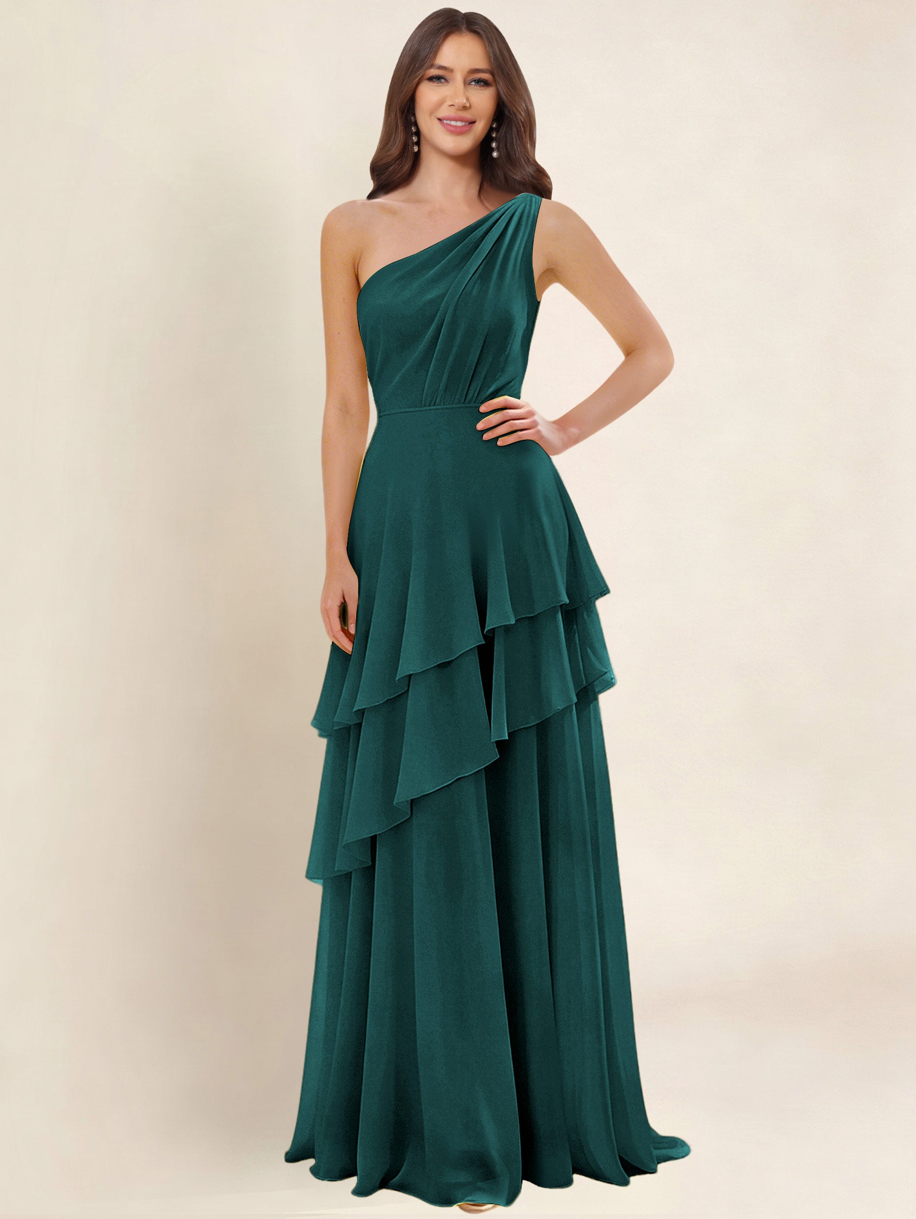 ROVDESY A-Line One Shoulder Pleated Tiered Chiffon Bridesmaid Dress