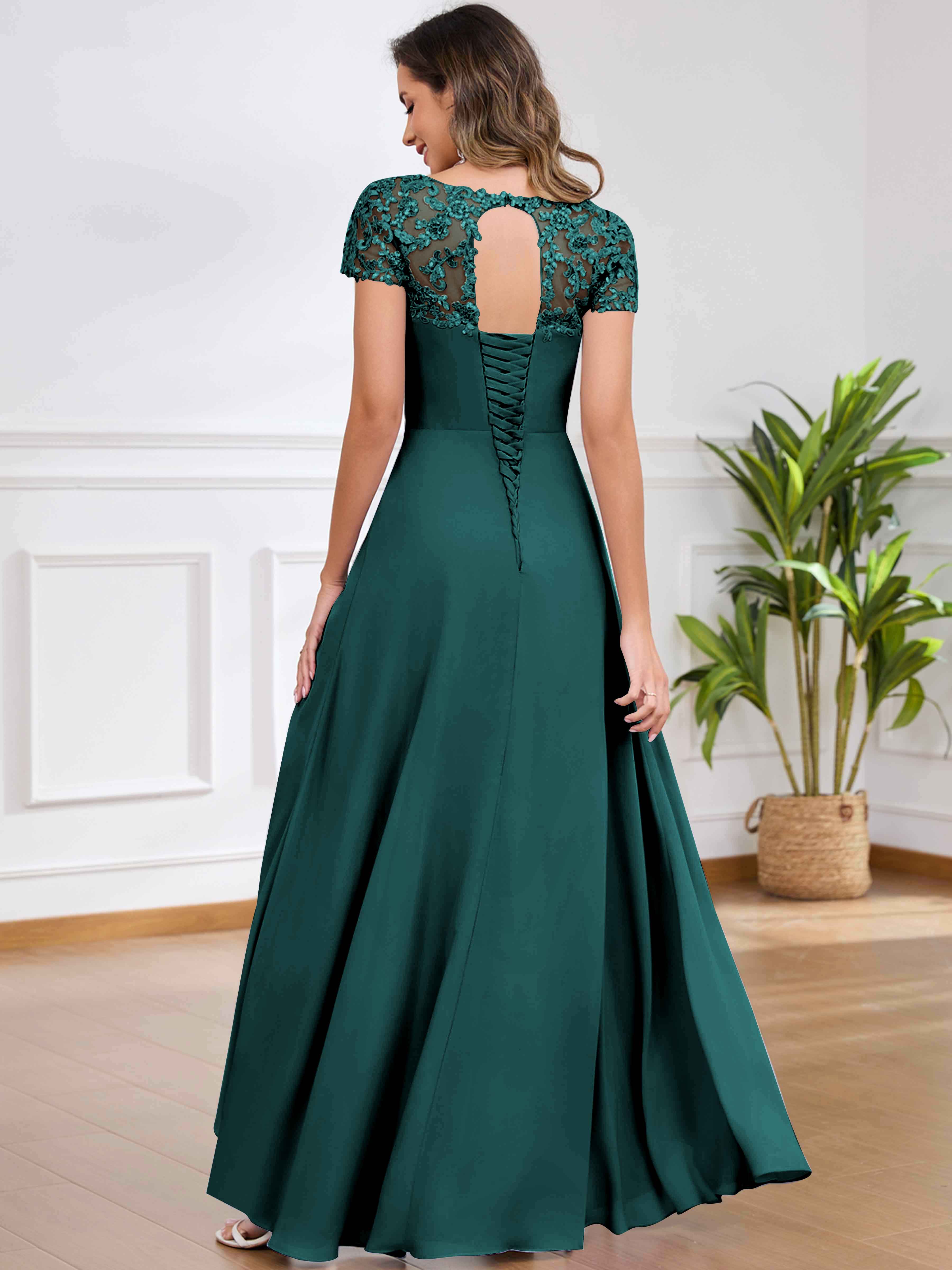 ROVDESY A-Line Pleated Lace Sequin Ruffle Chiffon Mother Of The Bride Dress With Slit