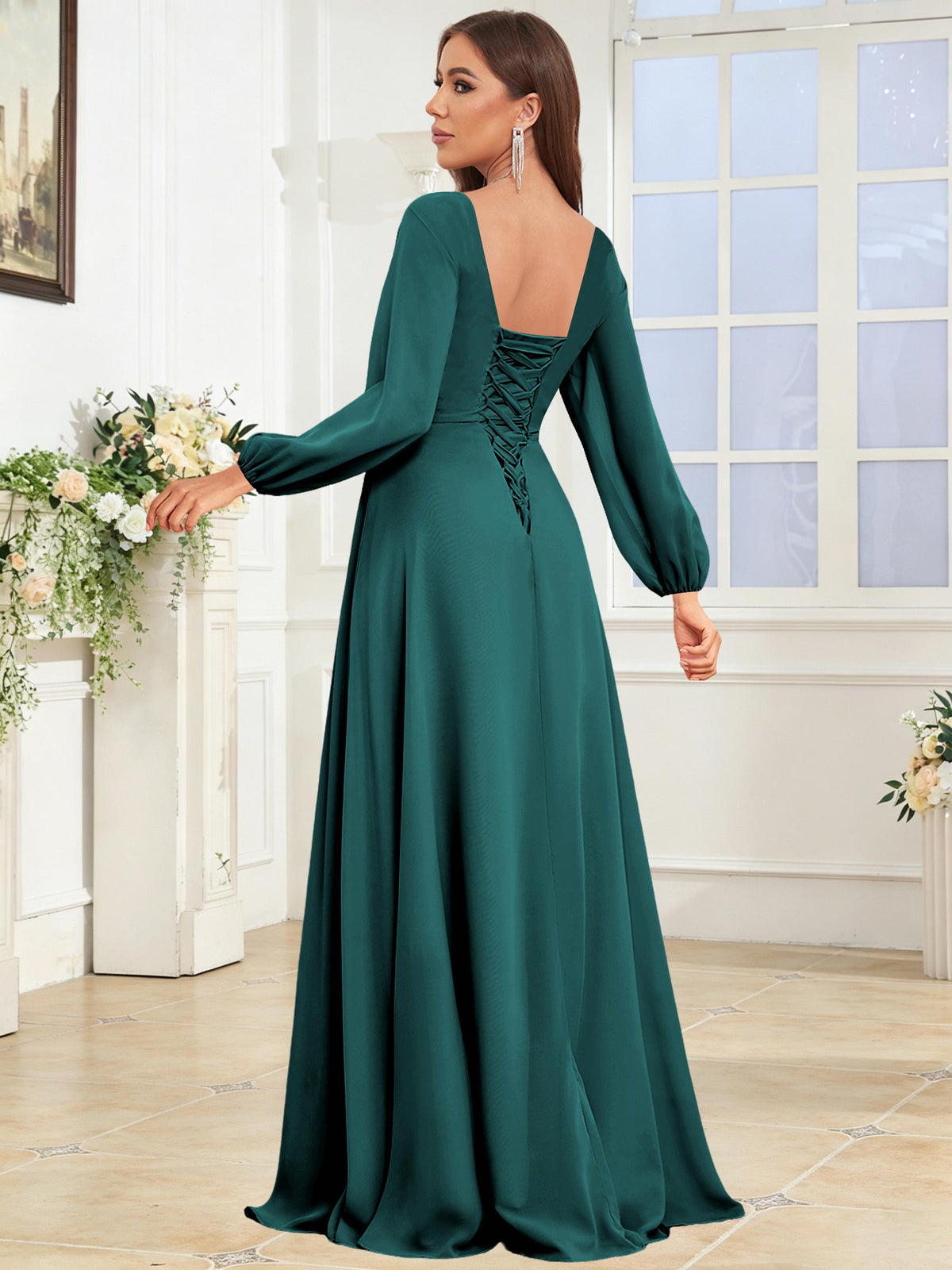 V Neck Chiffon Long Sleeve Bridesmaid Dresses with Slit